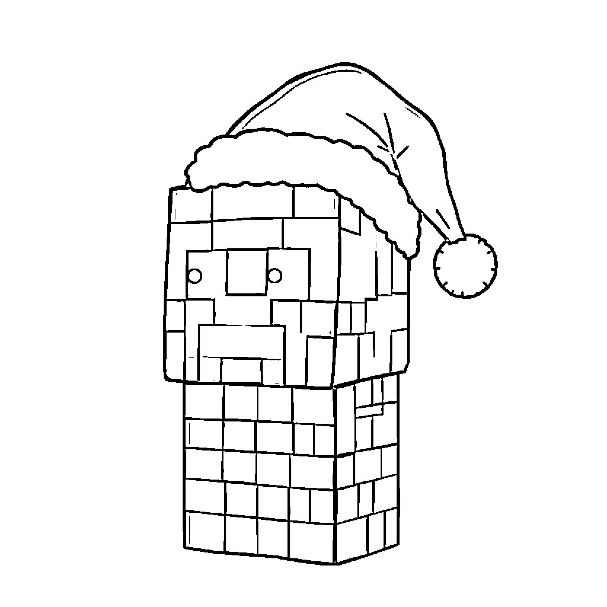 Creeper wearing a Santa hat in a blocky style Coloring Page (free black-and-white line drawing printable PDF for all, from beginners to advanced learners, including children, teens, adults, and seniors)