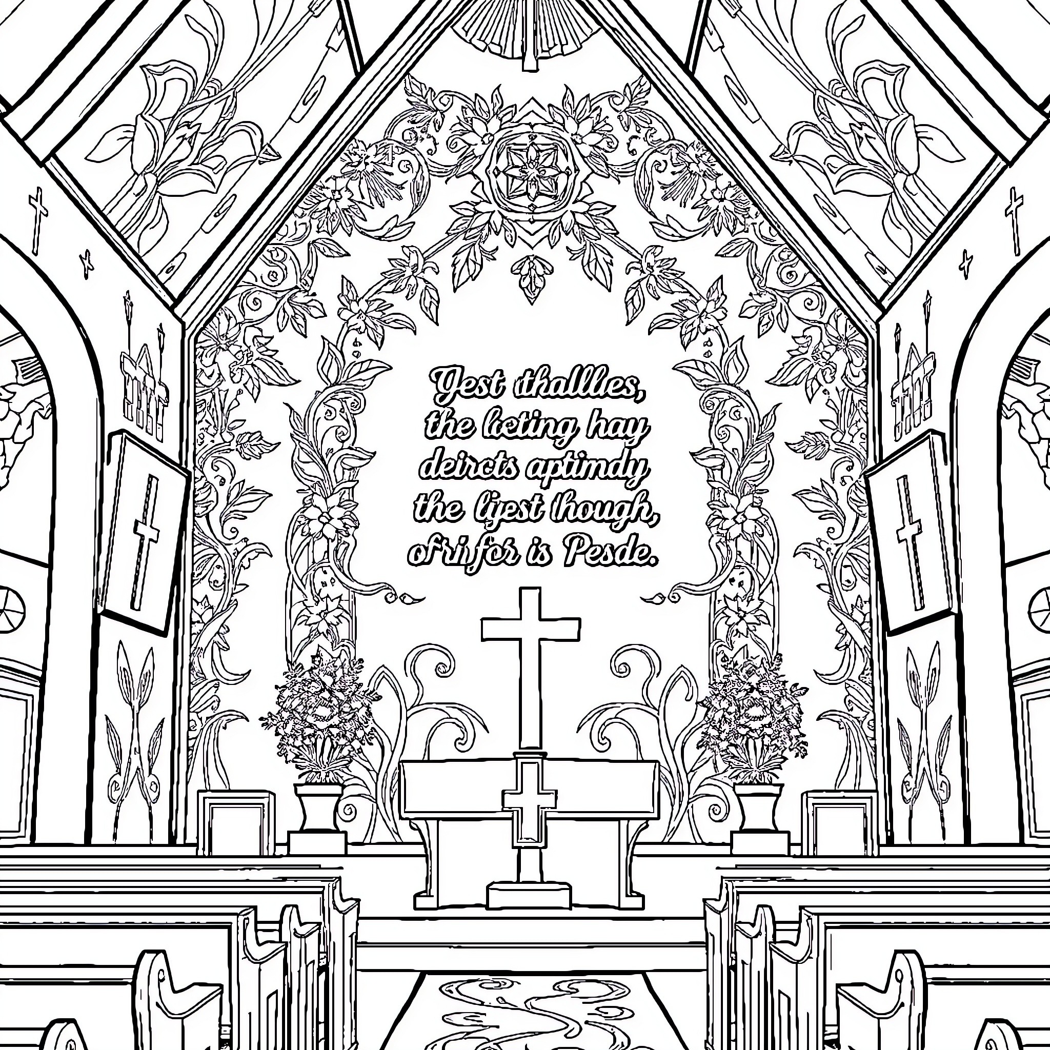 Bible: Ornate church interior with altar and floral decor Coloring Page (free black-and-white line drawing printable PDF for all, from beginners to advanced learners, including children, teens, adults, and seniors)