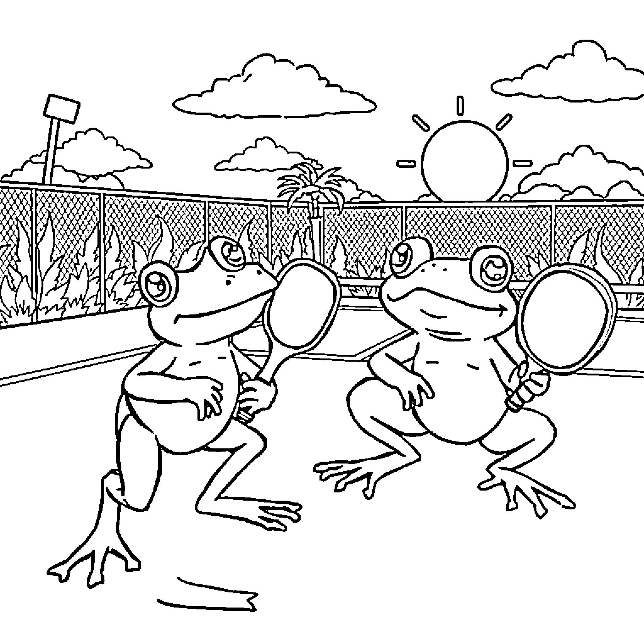 Frogs playing joyfully in their habitat Coloring Page (free black-and-white line drawing printable PDF for all, from beginners to advanced learners, including children, teens, adults, and seniors)