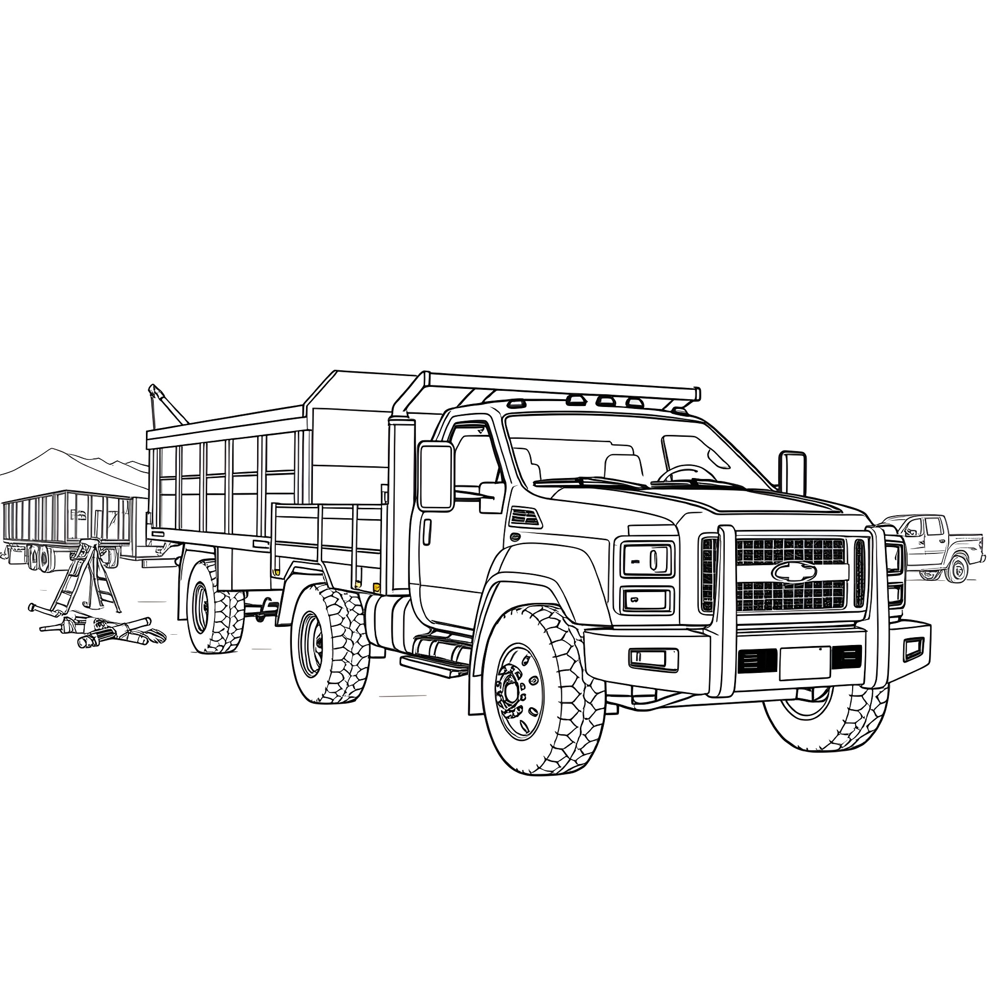Truck unloading cargo at construction site Coloring Page (free black-and-white line drawing printable PDF for all, from beginners to advanced learners, including children, teens, adults, and seniors)