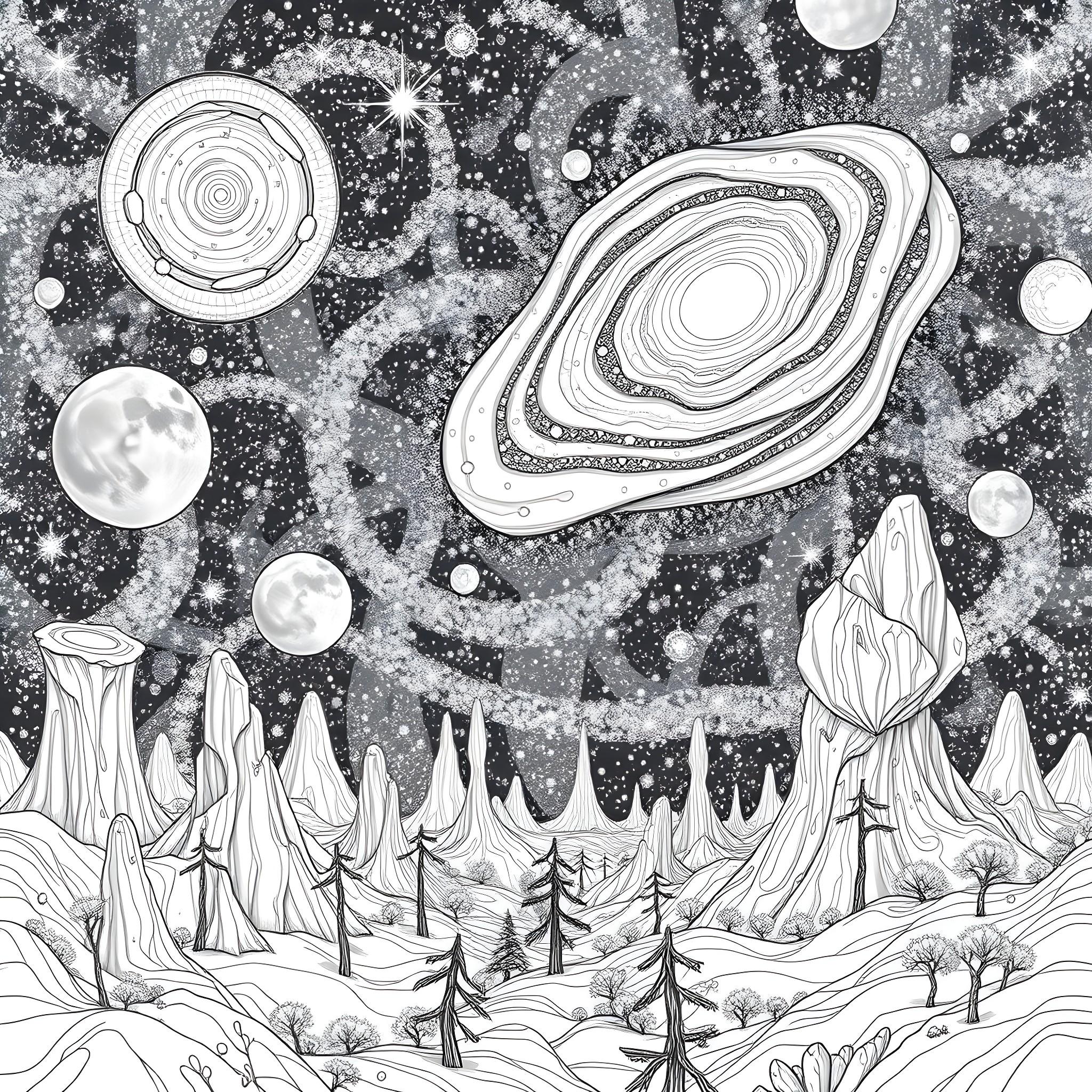Space-themed fantasy landscape with celestial objects Coloring Page (free black-and-white line drawing printable PDF for all, from beginners to advanced learners, including children, teens, adults, and seniors)