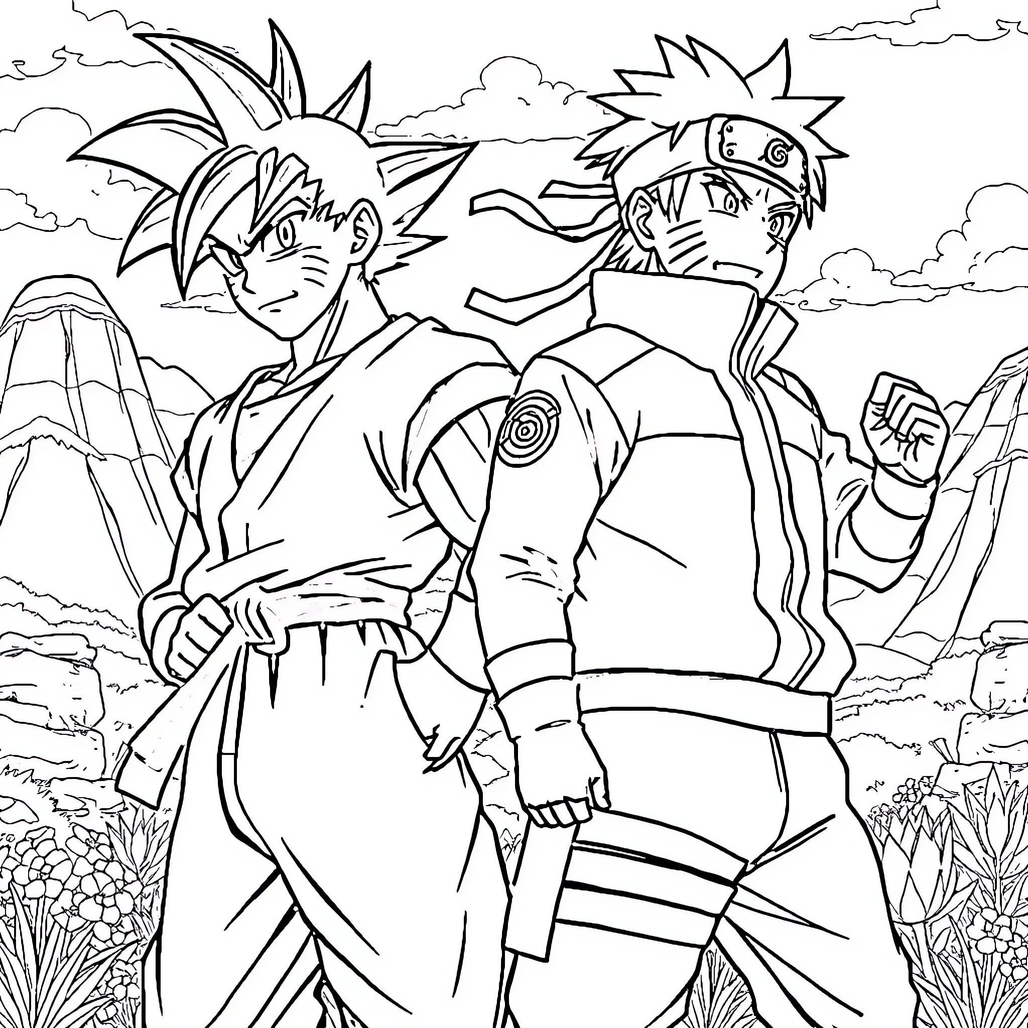 Goku and Naruto in Action Poses Coloring Page (free black-and-white line drawing printable PDF for all, from beginners to advanced learners, including children, teens, adults, and seniors)