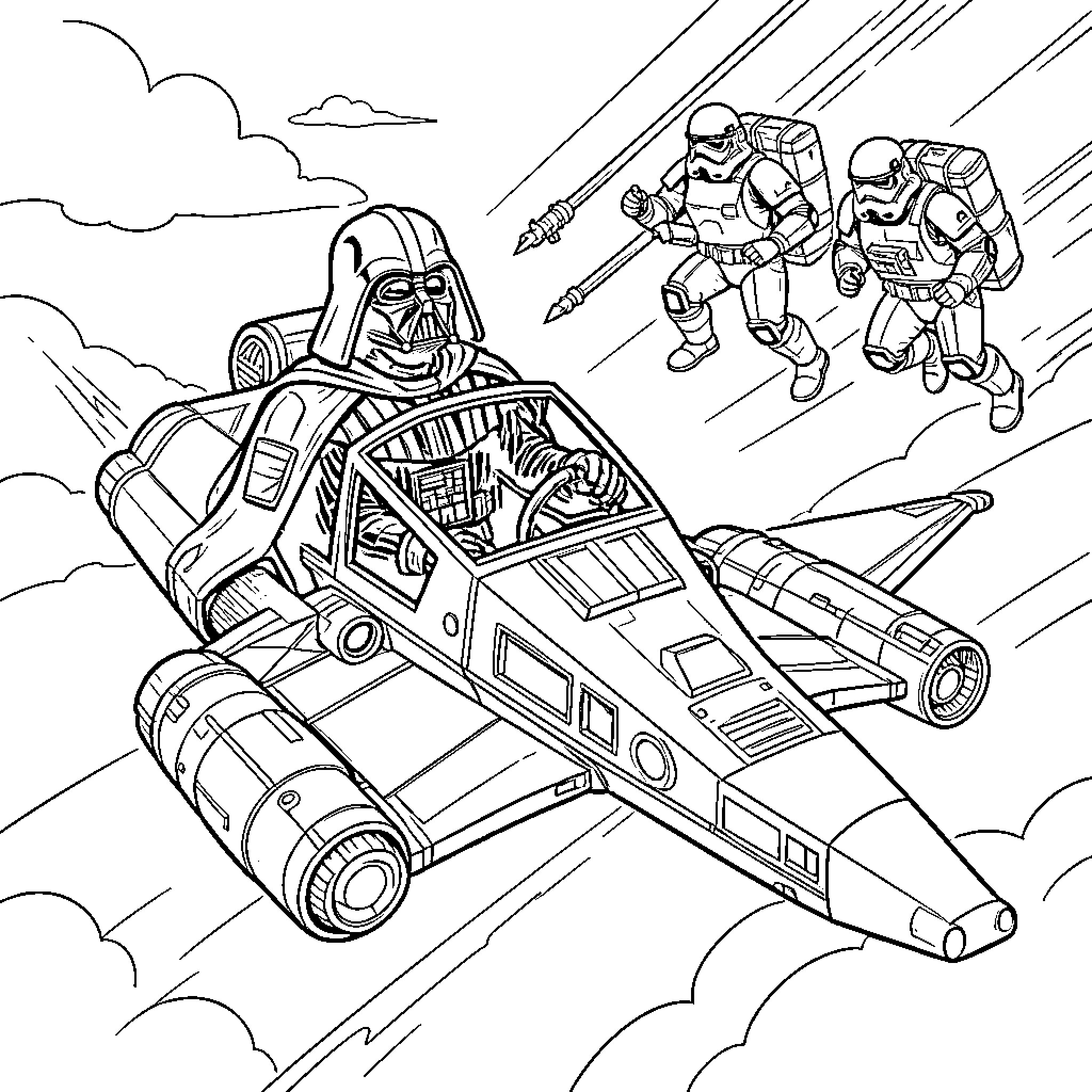 Darth Vader piloting a starship through the clouds Coloring Page (free black-and-white line drawing printable PDF for all, from beginners to advanced learners, including children, teens, adults, and seniors)