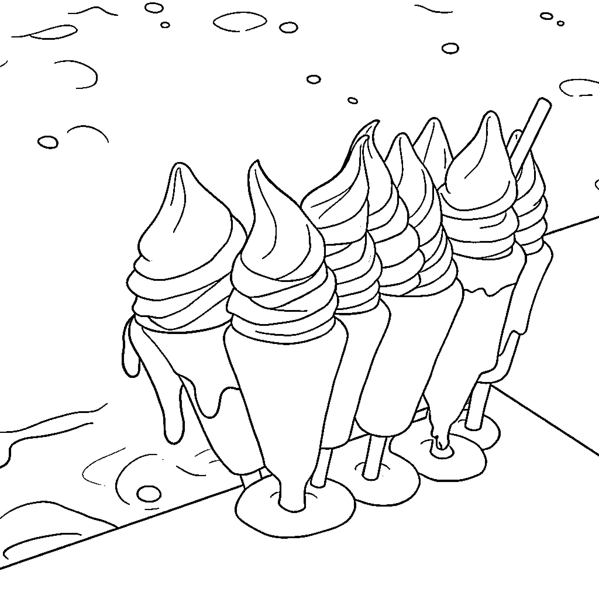 Ice Cream Cones Melting in the Sun Coloring Page (free black-and-white line drawing printable PDF for all, from beginners to advanced learners, including children, teens, adults, and seniors)