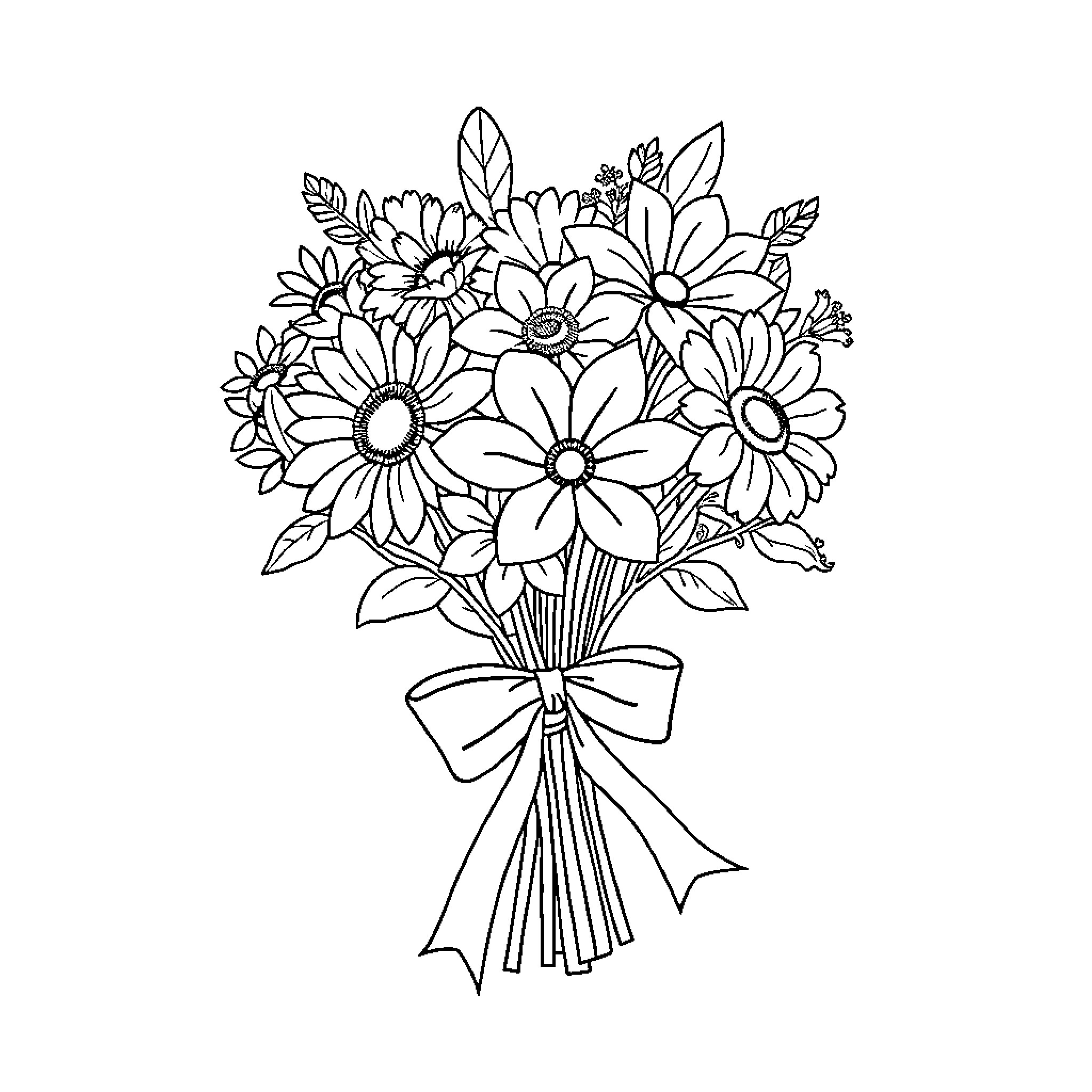 Flower bouquet with bow Coloring Page (free black-and-white line drawing printable PDF for all, from beginners to advanced learners, including children, teens, adults, and seniors)