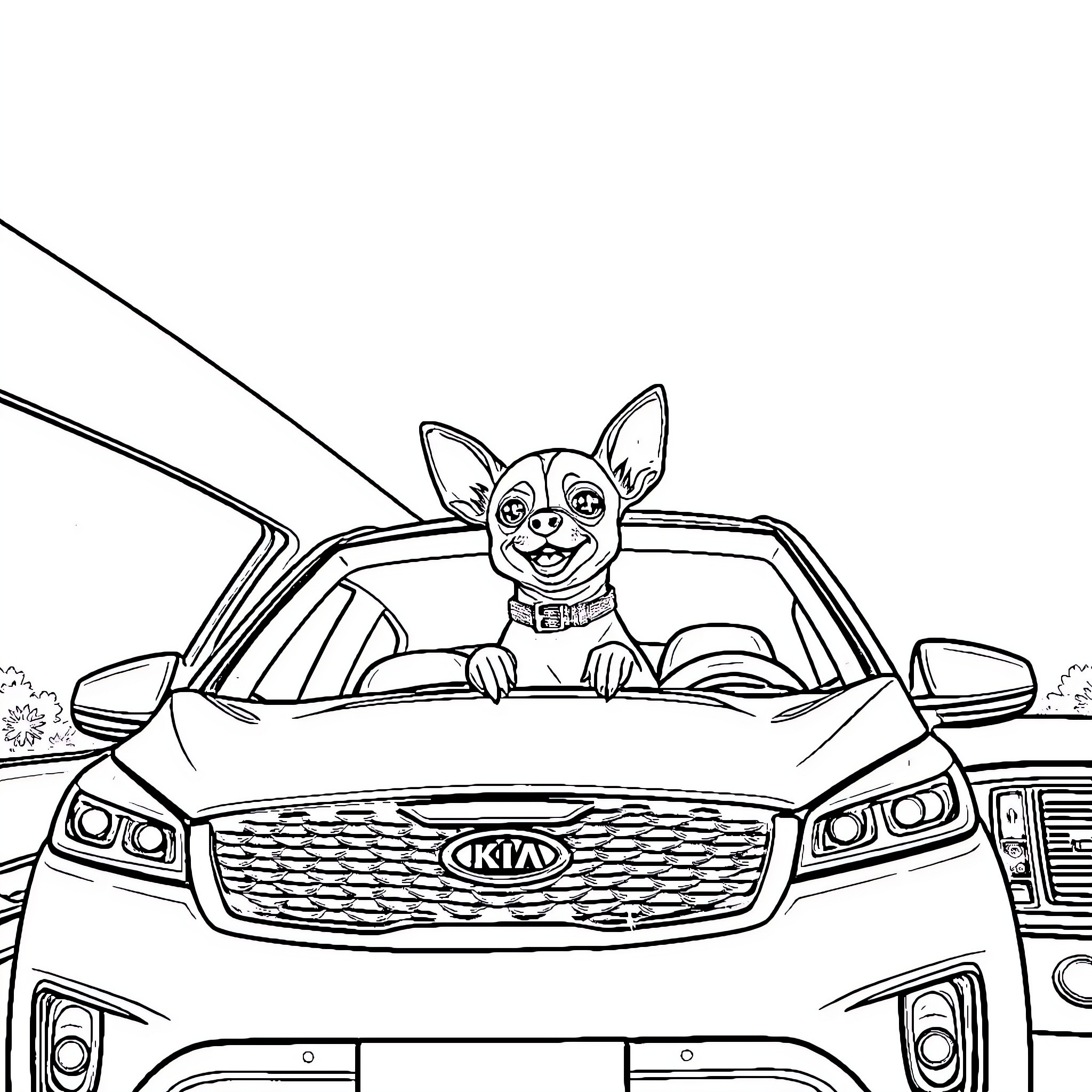 Chihuahua joyfully riding in a car Coloring Page (free black-and-white line drawing printable PDF for all, from beginners to advanced learners, including children, teens, adults, and seniors)