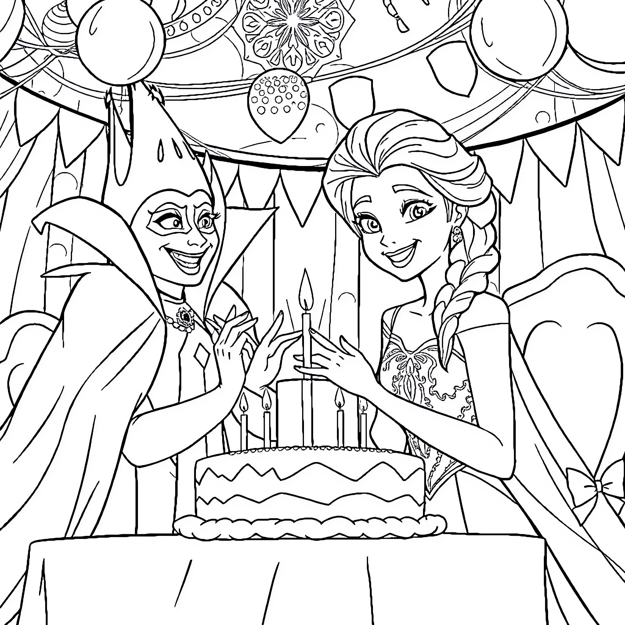 Elsa's Festive Birthday Celebration Coloring Page (free black-and-white line drawing printable PDF for all, from beginners to advanced learners, including children, teens, adults, and seniors)