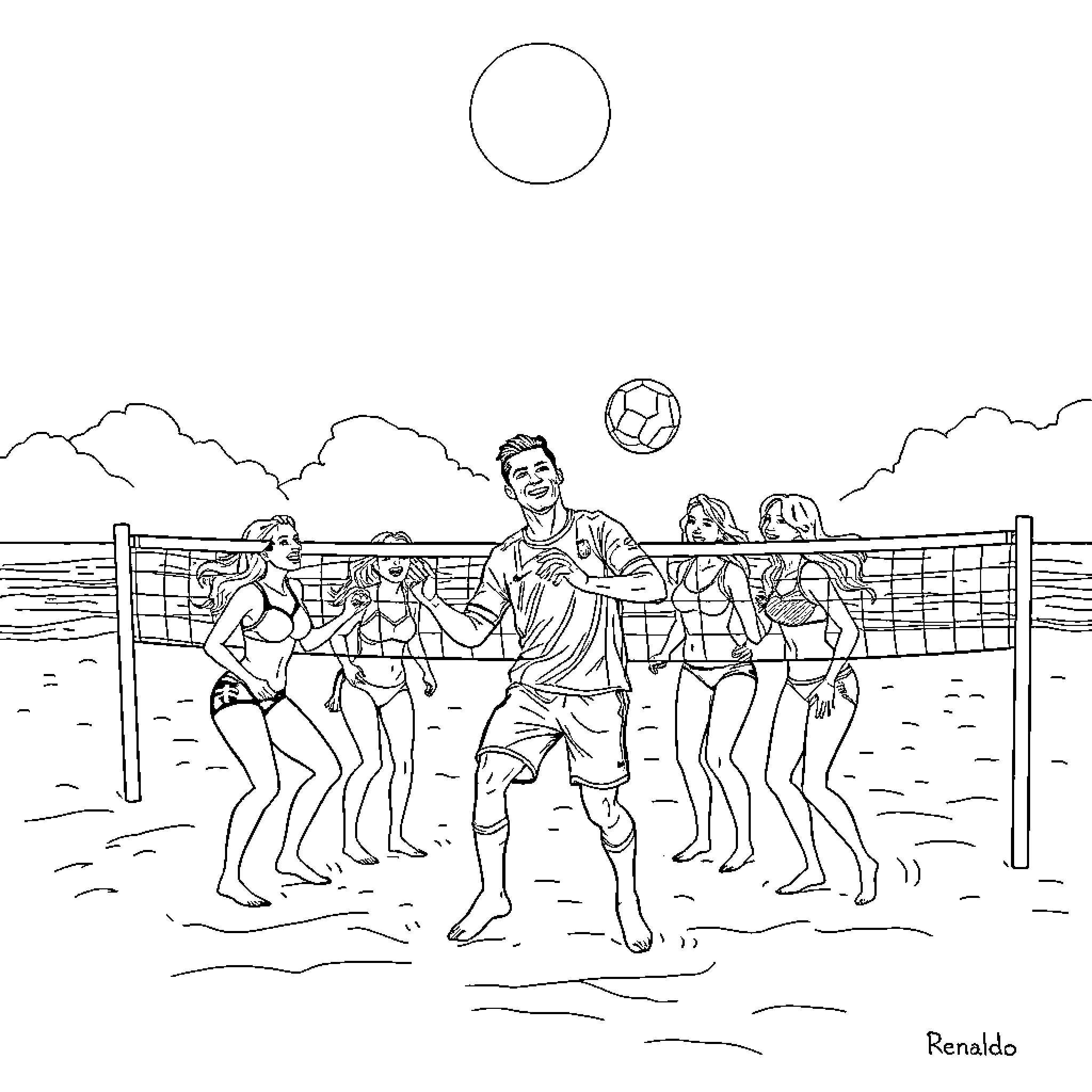 Cr7 playing beach volleyball with friends Coloring Page (free black-and-white line drawing printable PDF for all, from beginners to advanced learners, including children, teens, adults, and seniors)