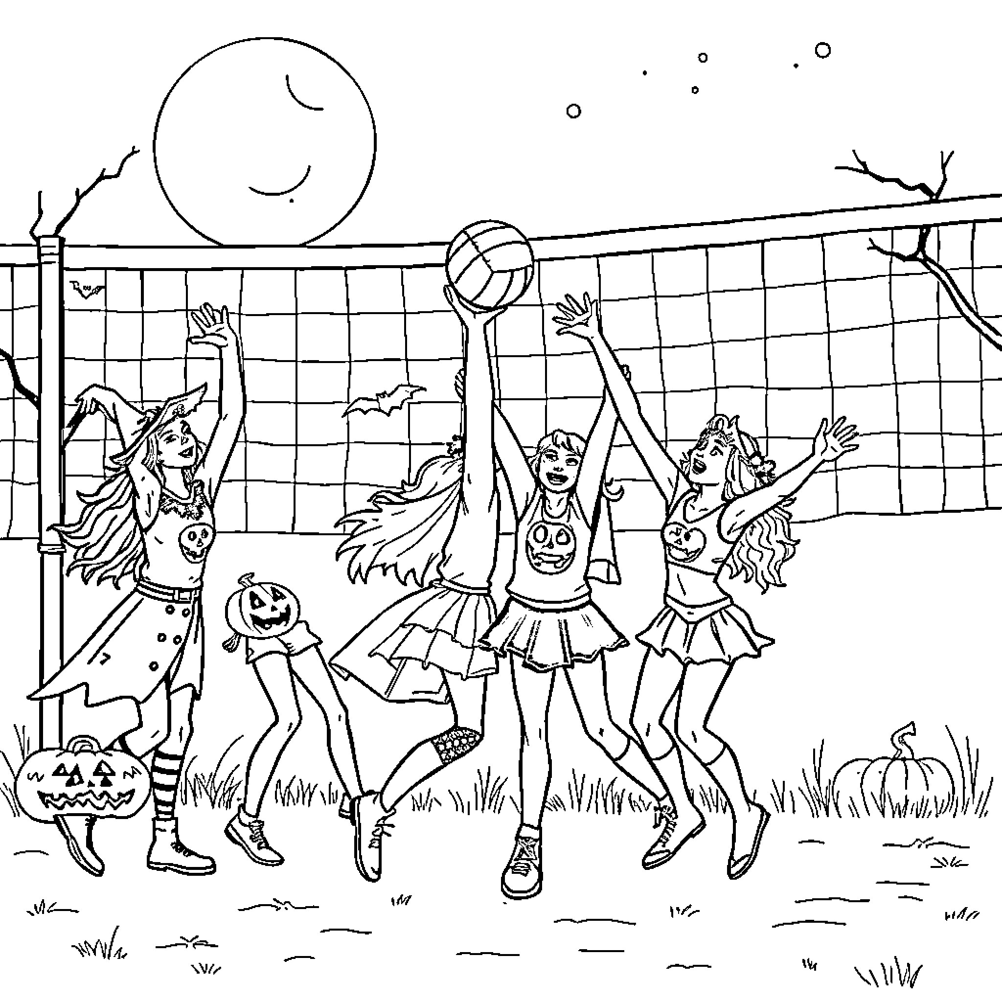 Volleyball game at Halloween night Coloring Page (free black-and-white line drawing printable PDF for all, from beginners to advanced learners, including children, teens, adults, and seniors)