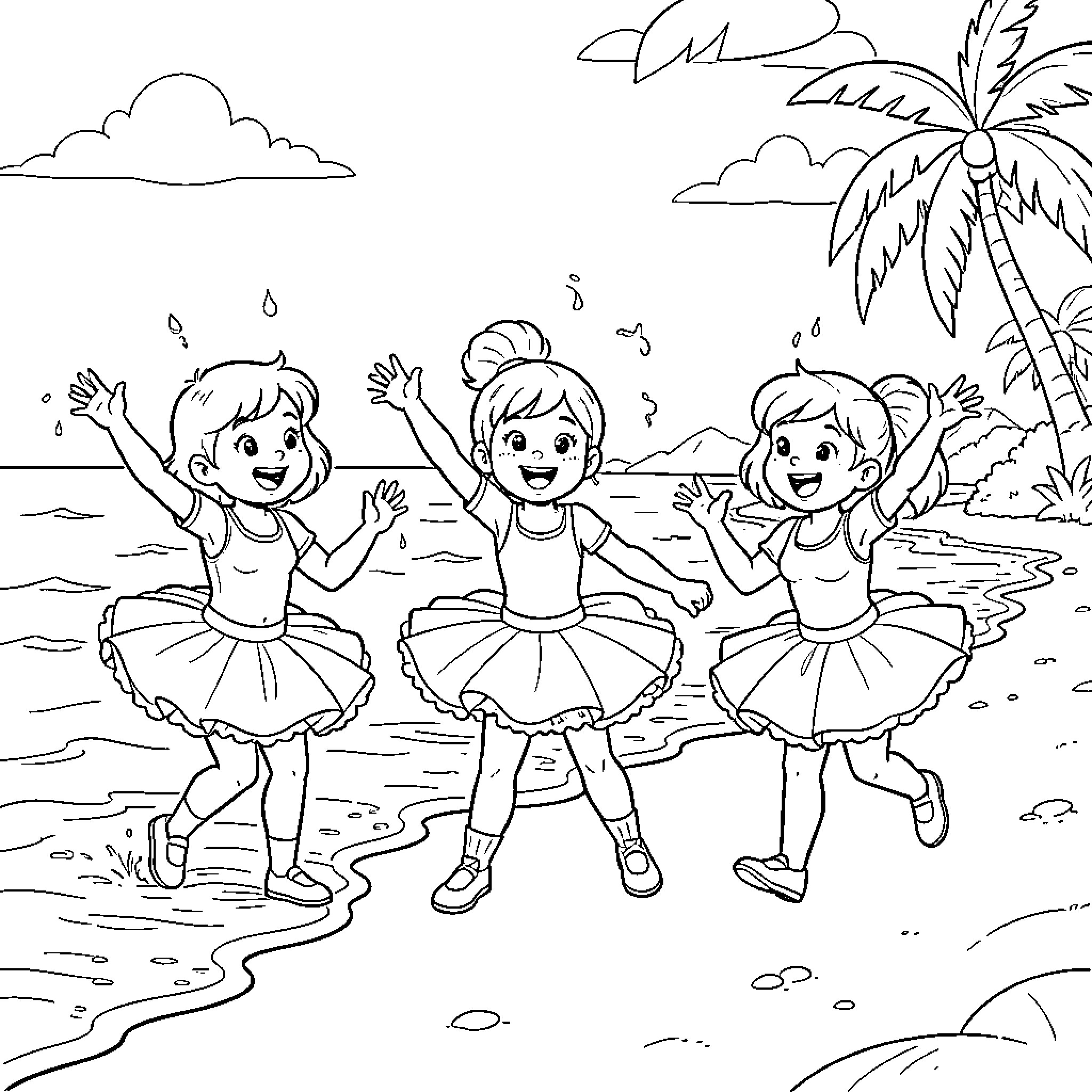 Chase of Joyful Dancers by the Beach Coloring Page (free black-and-white line drawing printable PDF for all, from beginners to advanced learners, including children, teens, adults, and seniors)