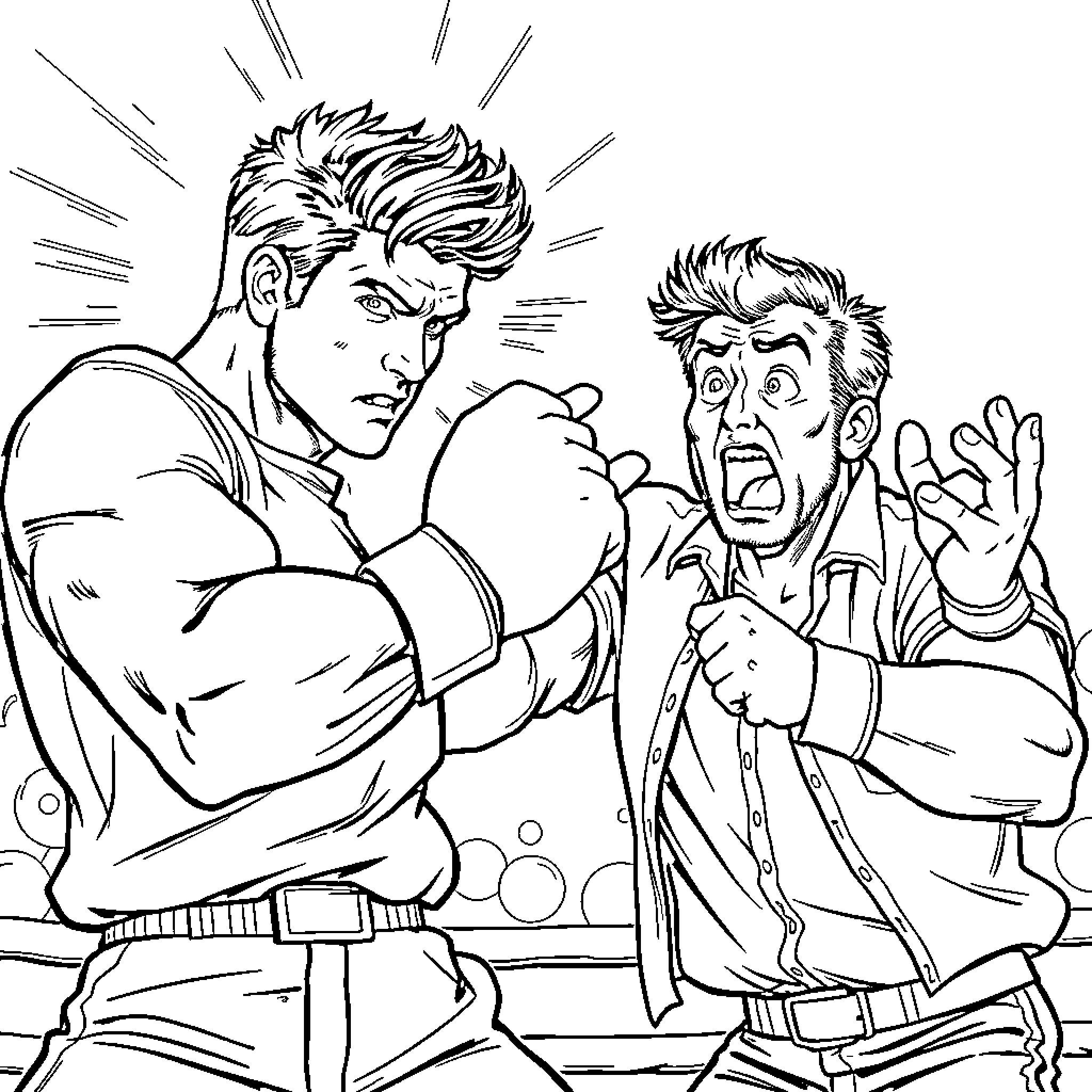 Steve Harrington in intense confrontation with another character Coloring Page (free black-and-white line drawing printable PDF for all, from beginners to advanced learners, including children, teens, adults, and seniors)