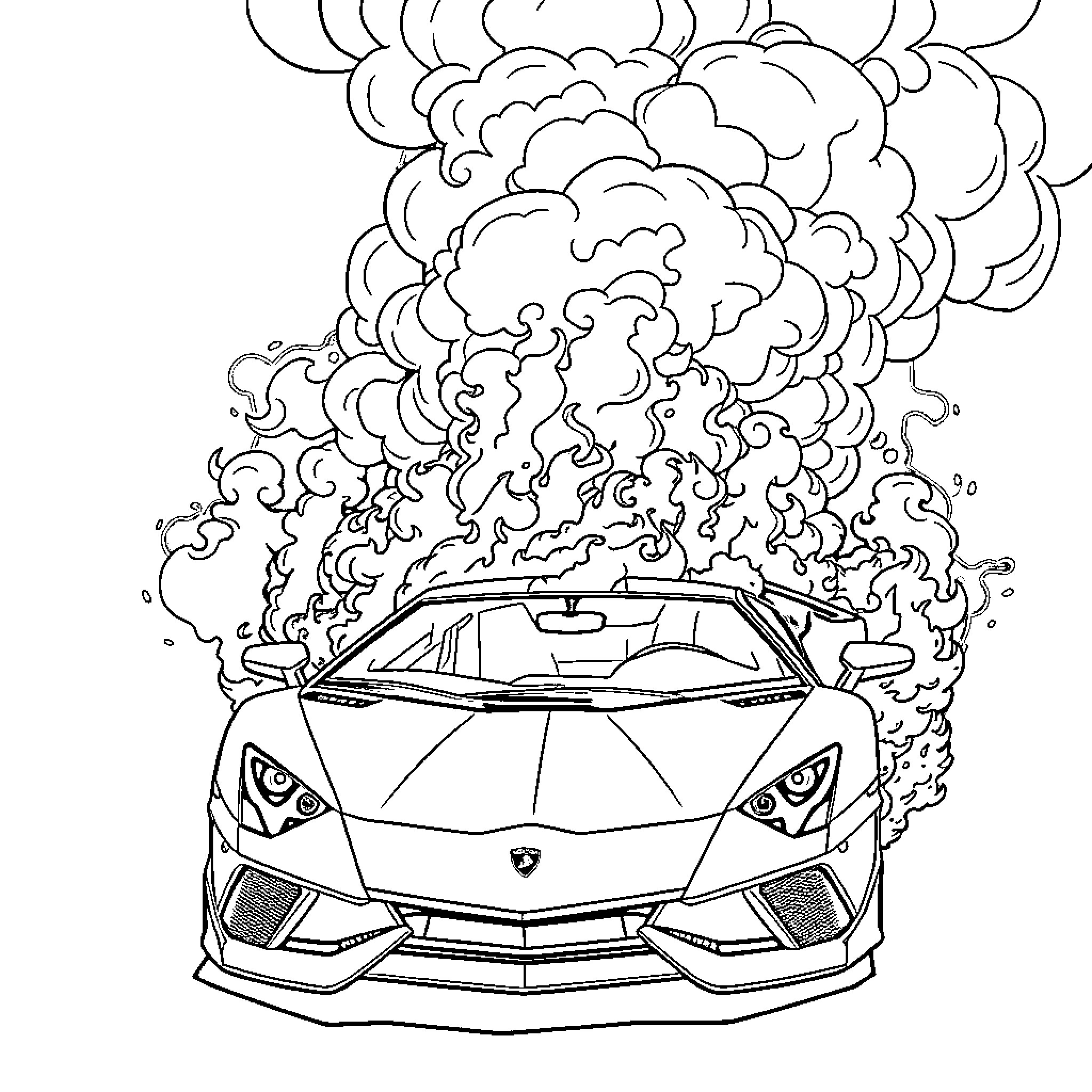 Aventador racing through fiery storm Coloring Page (free black-and-white line drawing printable PDF for all, from beginners to advanced learners, including children, teens, adults, and seniors)