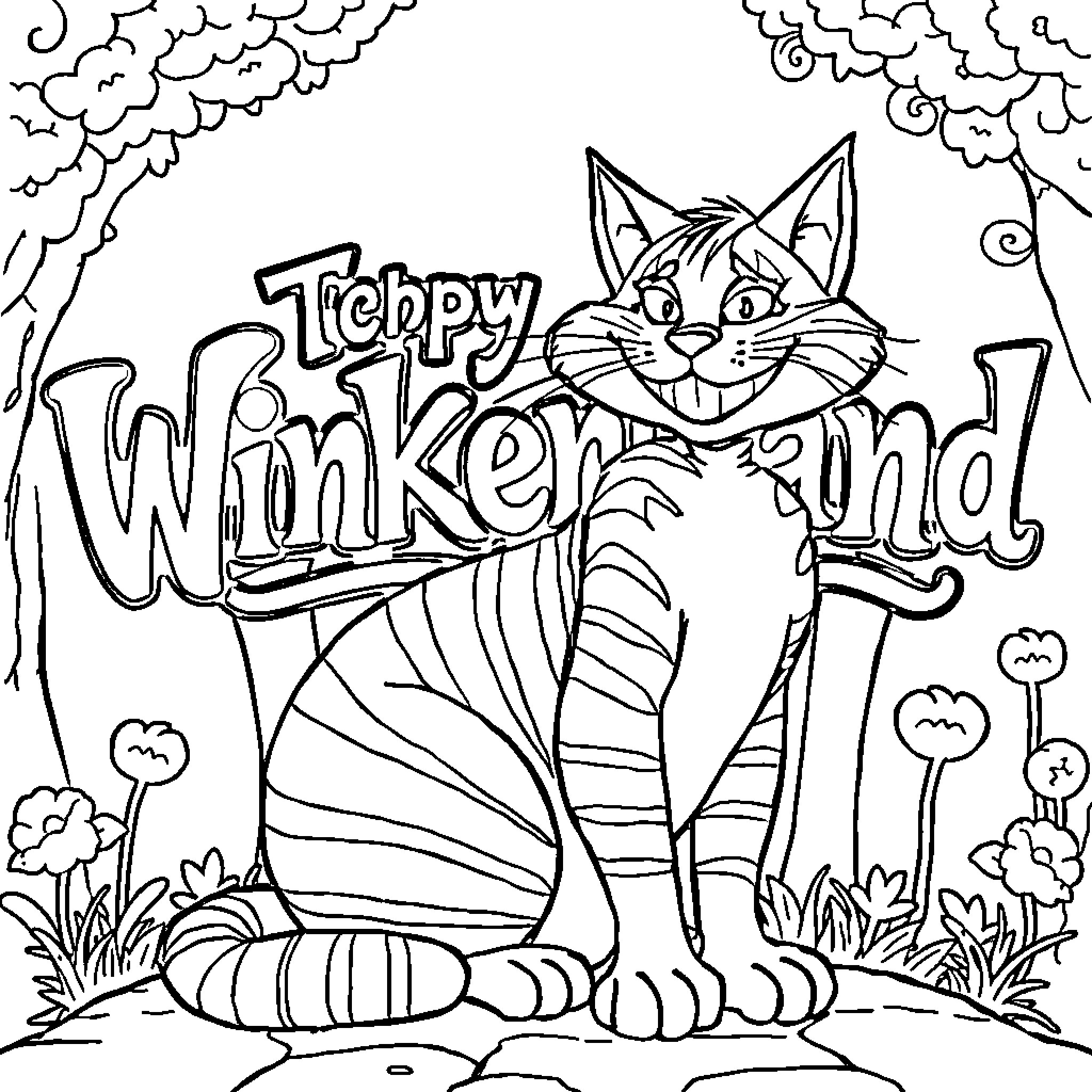Cheshire Cat in a Whimsical Wonderland Coloring Page (free black-and-white line drawing printable PDF for all, from beginners to advanced learners, including children, teens, adults, and seniors)