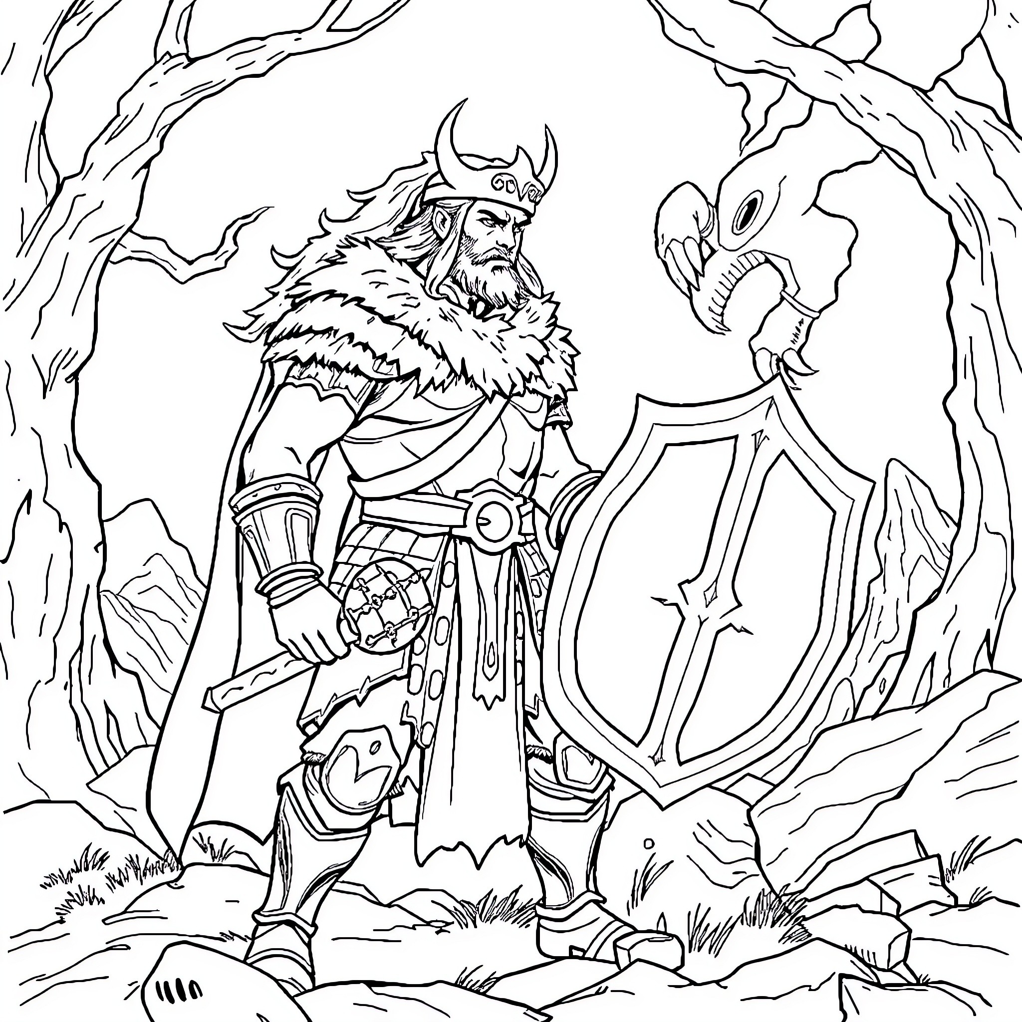 Fait Warrior Confronting Fantastical Creature Coloring Page (free black-and-white line drawing printable PDF for all, from beginners to advanced learners, including children, teens, adults, and seniors)