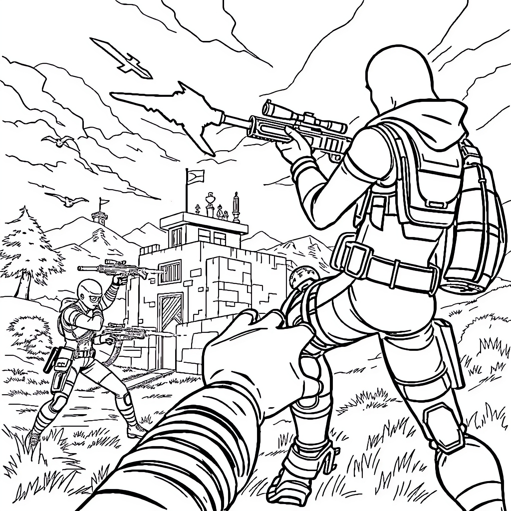 Fortnite battle scene with armed characters and weaponry Coloring Page (free black-and-white line drawing printable PDF for all, from beginners to advanced learners, including children, teens, adults, and seniors)