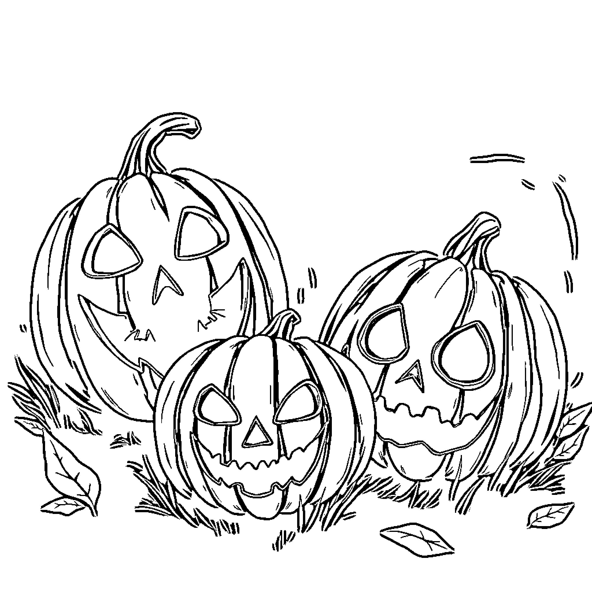 Pumpkins with Carved Faces in Autumn Leaves Coloring Page (free black-and-white line drawing printable PDF for all, from beginners to advanced learners, including children, teens, adults, and seniors)