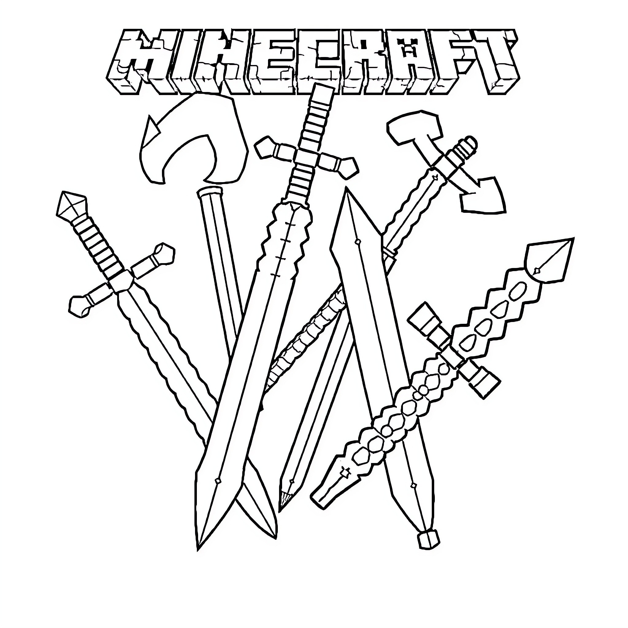 Minecraft Weapon Collection Illustration Coloring Page (free black-and-white line drawing printable PDF for all, from beginners to advanced learners, including children, teens, adults, and seniors)