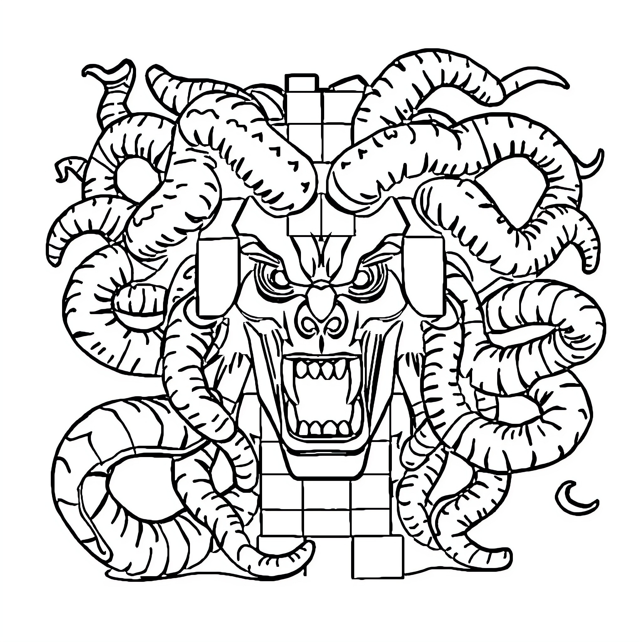 Lego Medusa's Monstrous Visage Coloring Page (free black-and-white line drawing printable PDF for all, from beginners to advanced learners, including children, teens, adults, and seniors)
