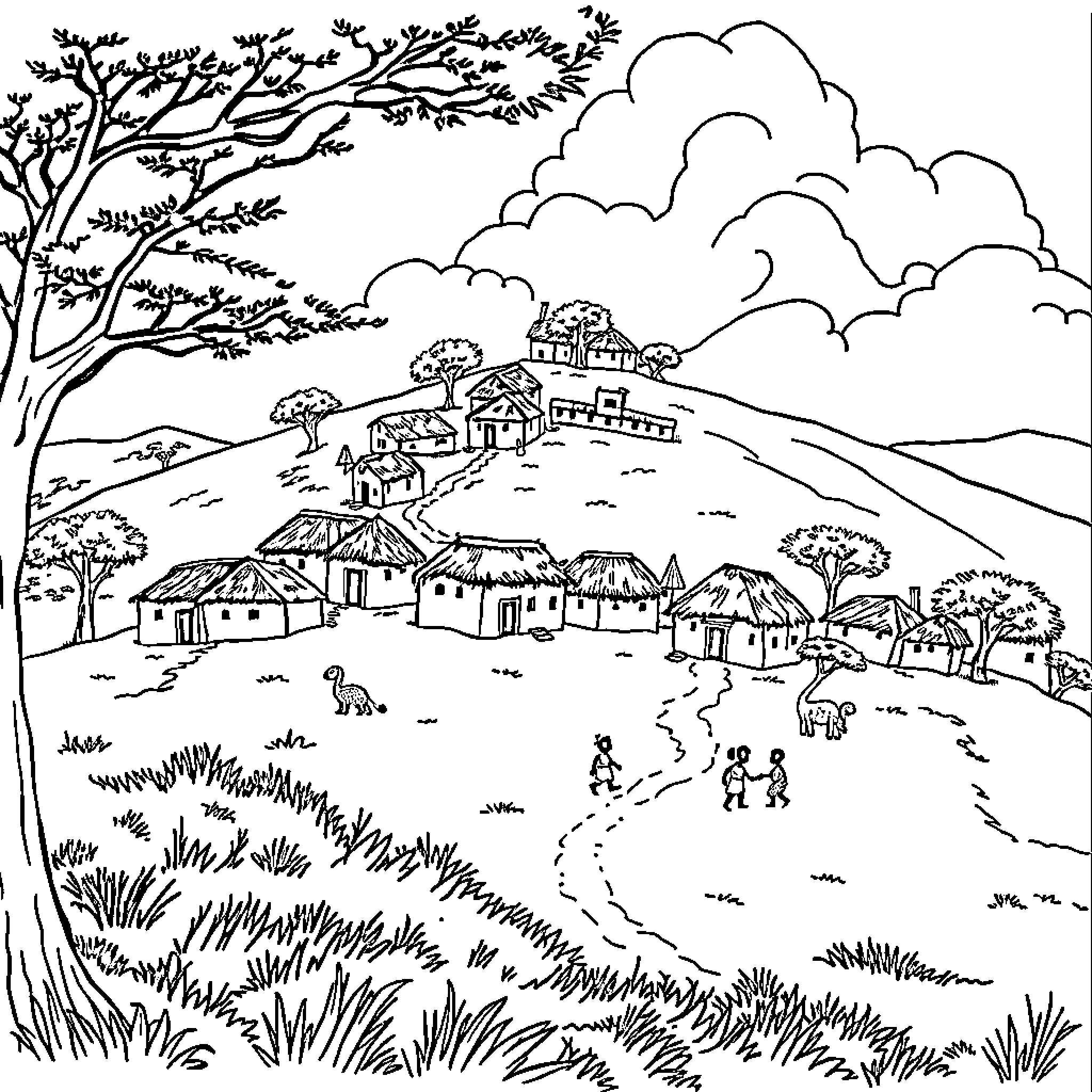 Village Scenes of Rural Dwellings and Pastoral Landscape Coloring Page (free black-and-white line drawing printable PDF for all, from beginners to advanced learners, including children, teens, adults, and seniors)