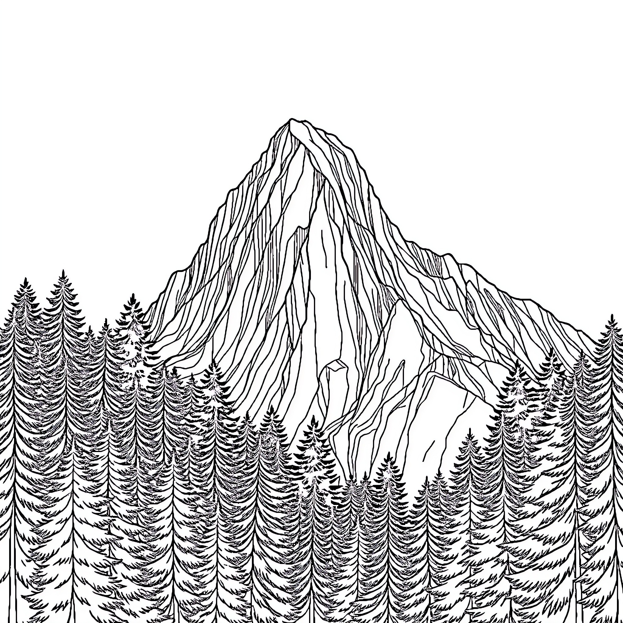 Mountain peak towering over serene pine forest Coloring Page (free black-and-white line drawing printable PDF for all, from beginners to advanced learners, including children, teens, adults, and seniors)