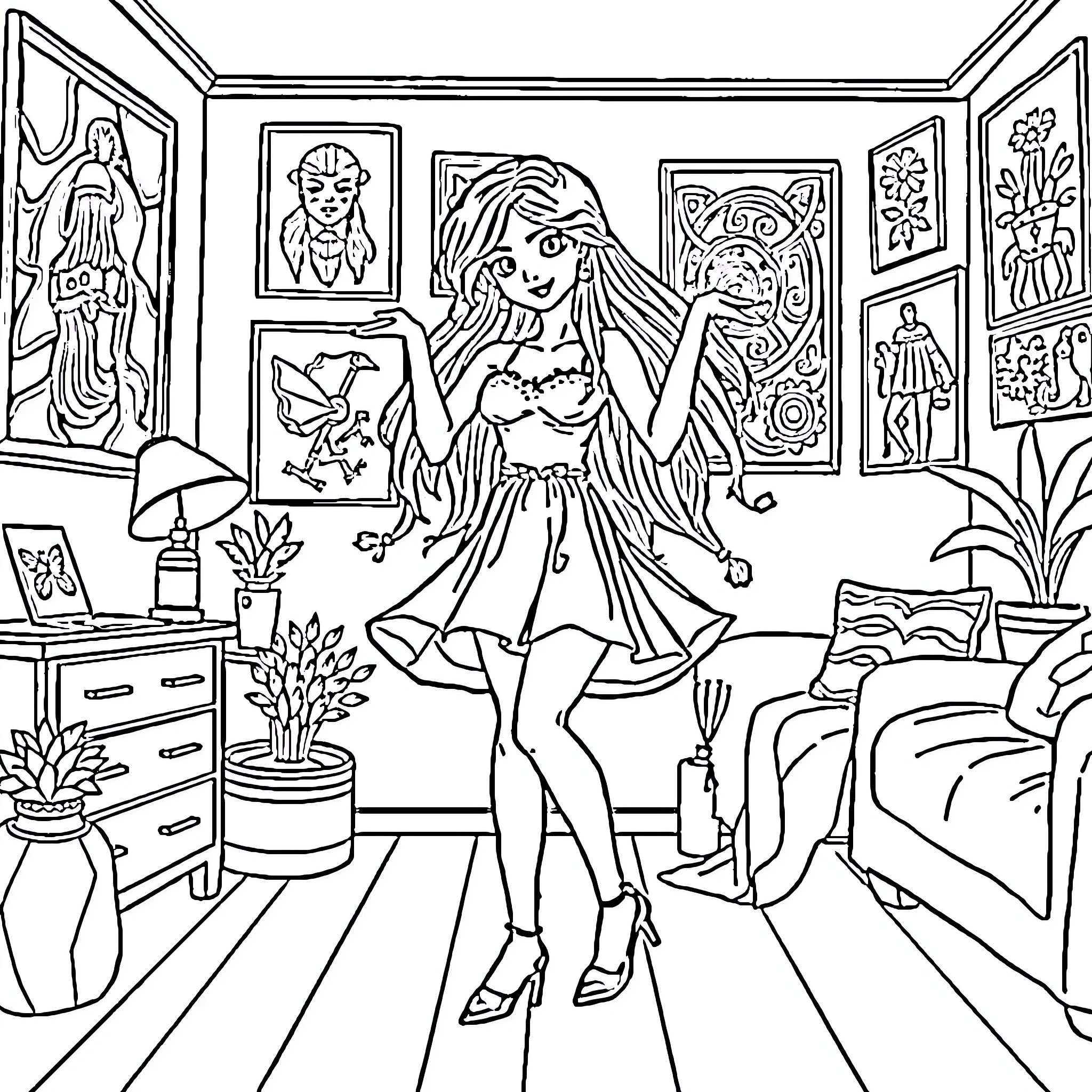 Chica poses in her artsy room with decor Coloring Page (free black-and-white line drawing printable PDF for all, from beginners to advanced learners, including children, teens, adults, and seniors)