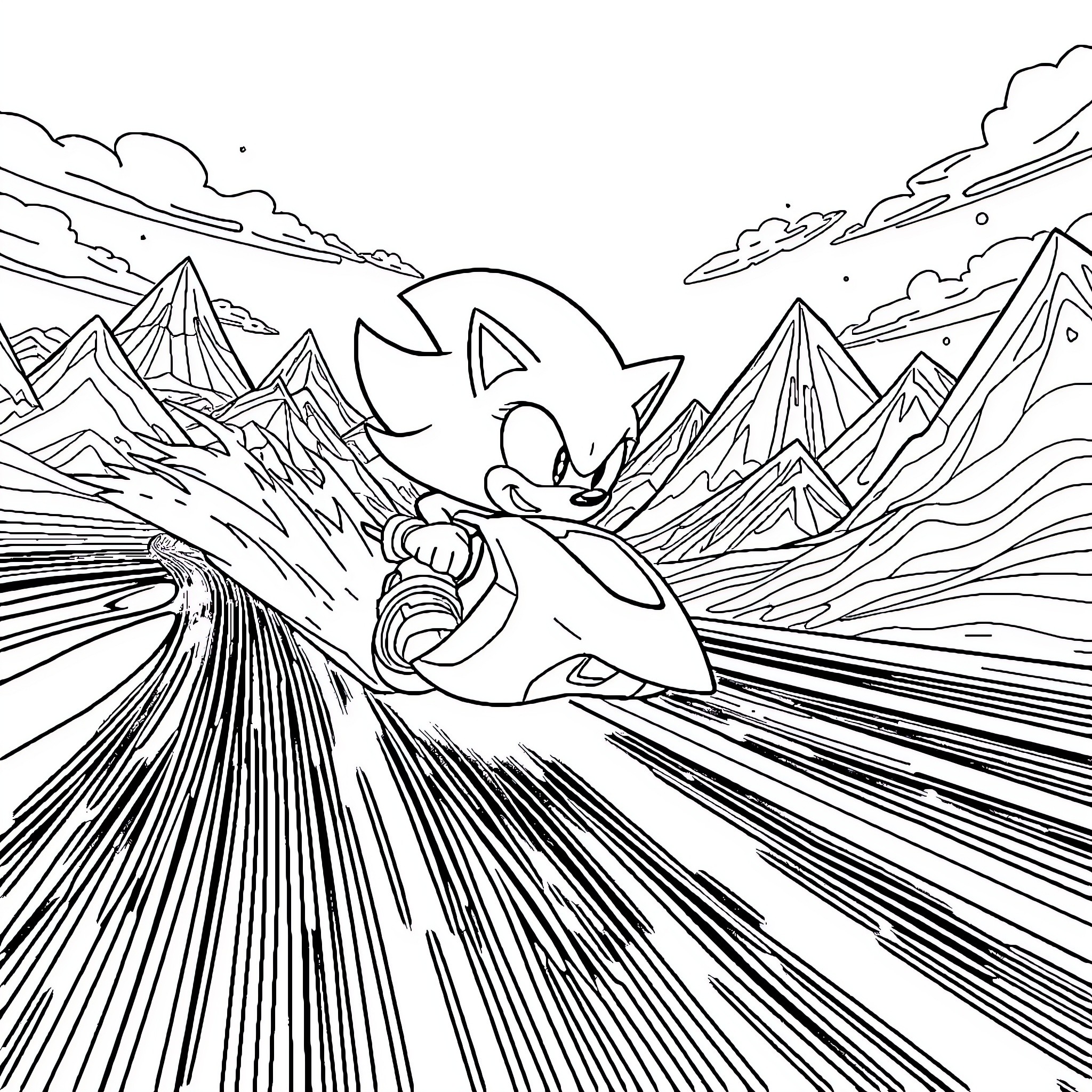 Sonic speeding through a mountainous landscape Coloring Page (free black-and-white line drawing printable PDF for all, from beginners to advanced learners, including children, teens, adults, and seniors)