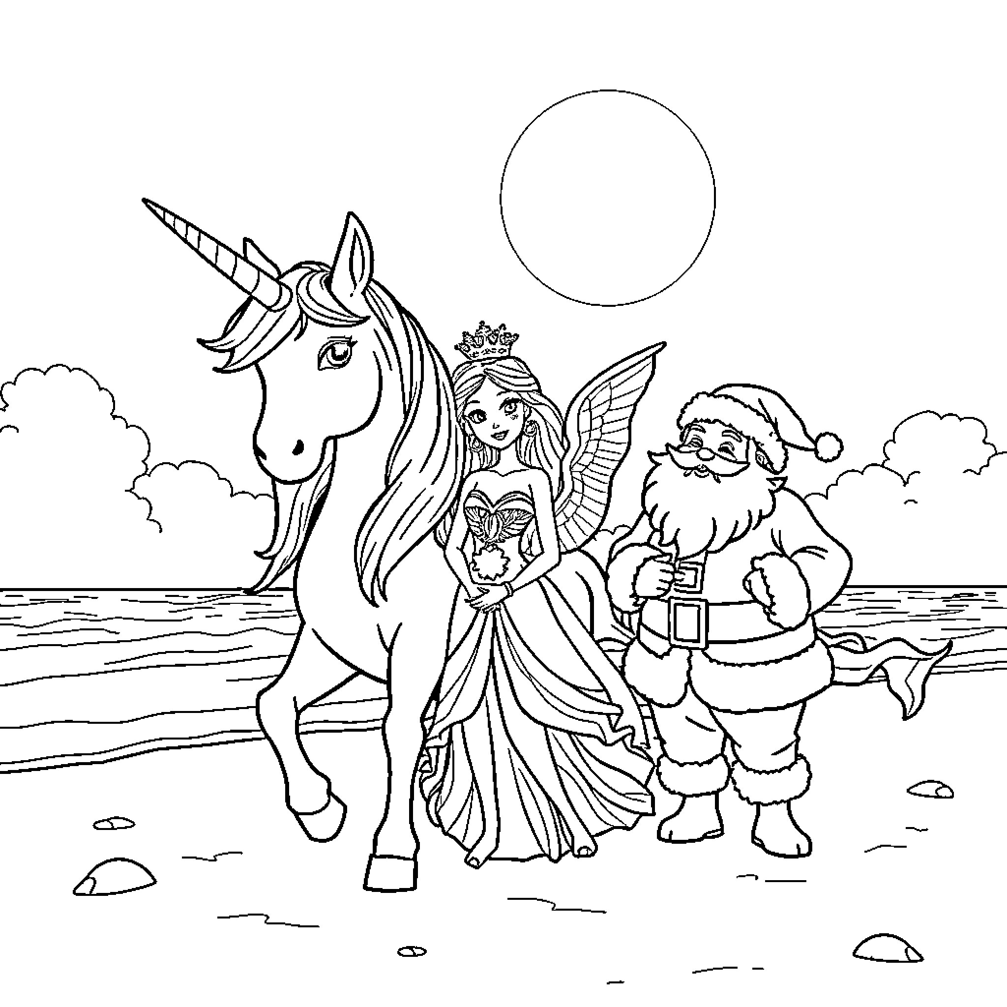Unicorn, Princess, and Santa at the Beach Coloring Page (free black-and-white line drawing printable PDF for all, from beginners to advanced learners, including children, teens, adults, and seniors)