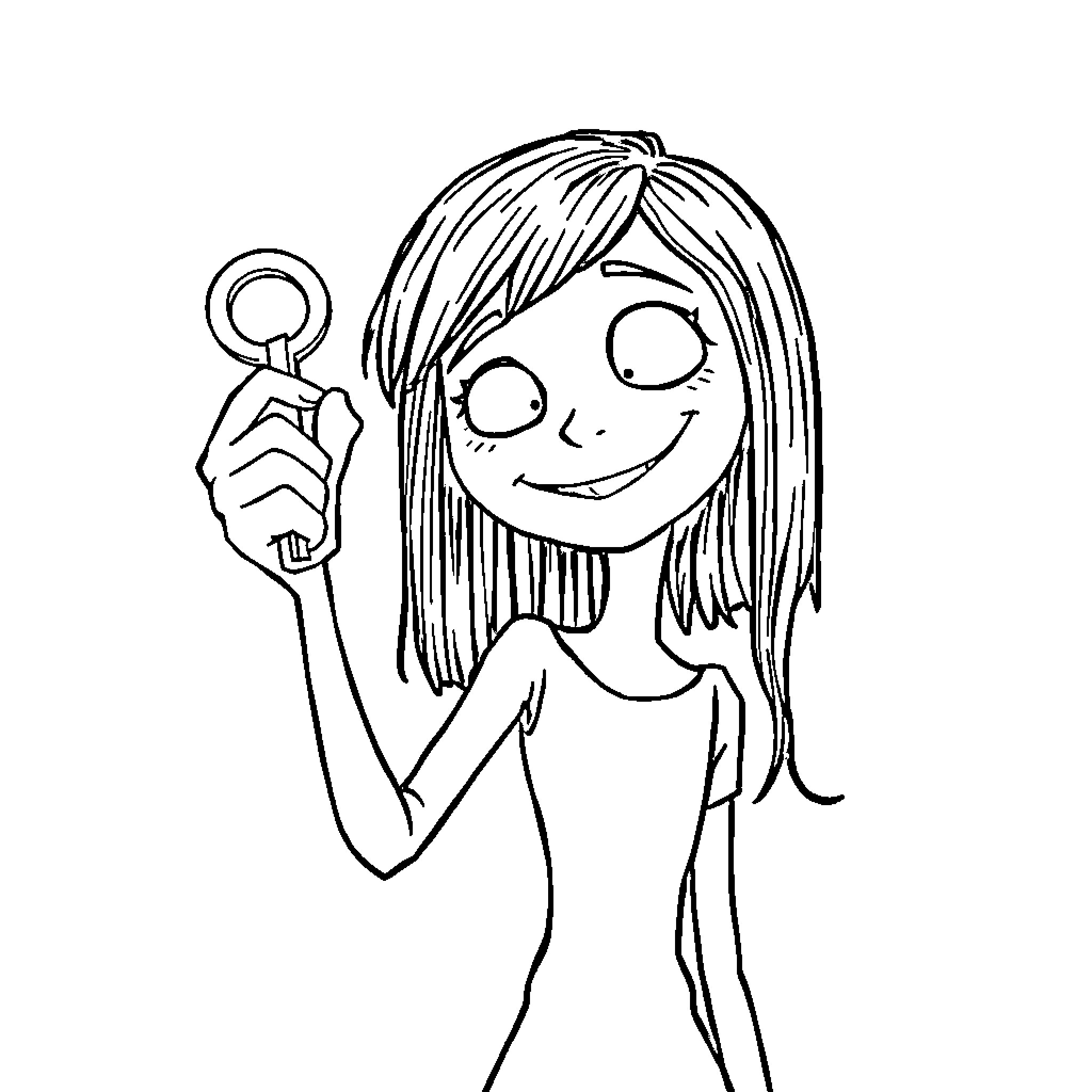 Coraline's Whimsical Adventure Coloring Page (free black-and-white line drawing printable PDF for all, from beginners to advanced learners, including children, teens, adults, and seniors)
