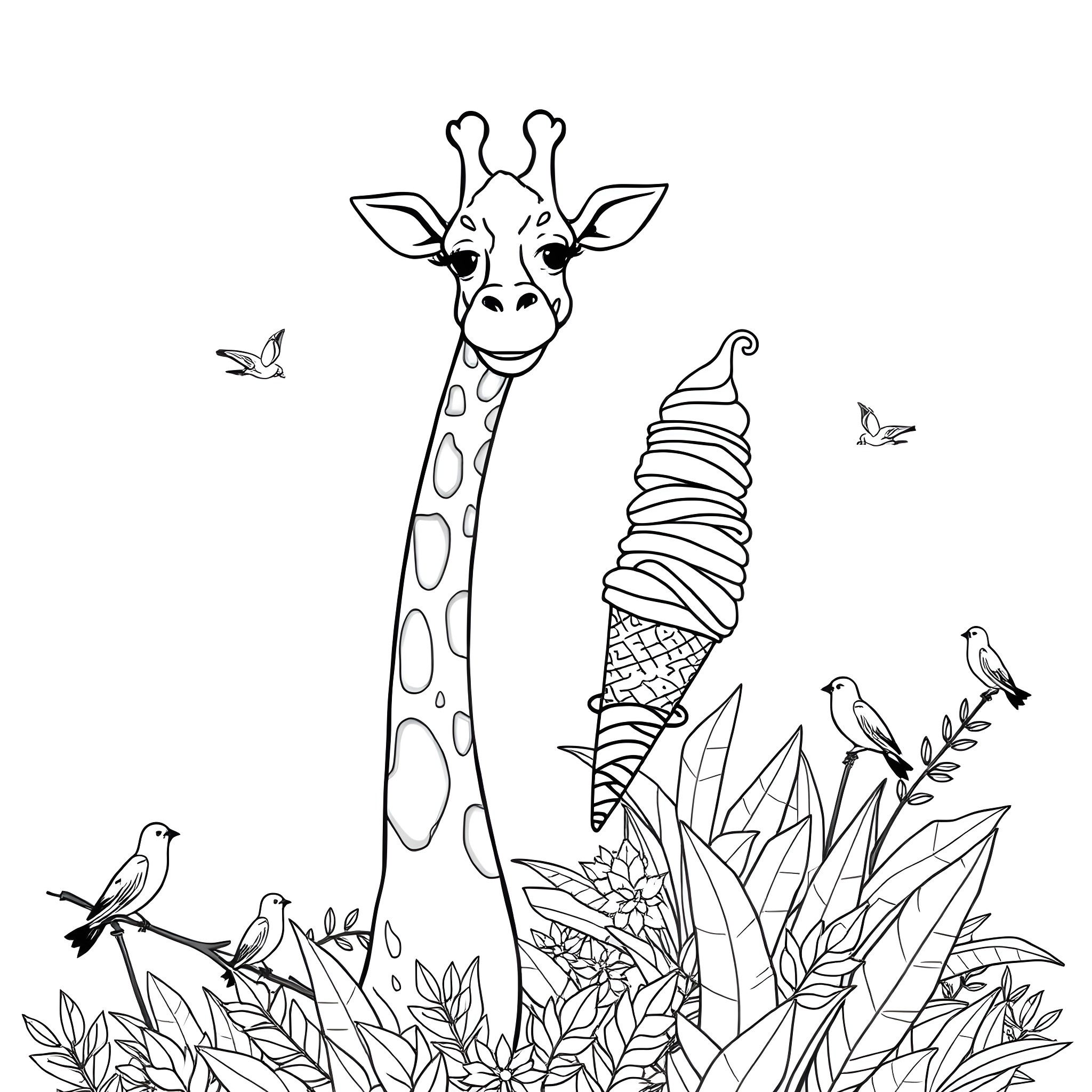 Giraffe gazing at whimsical ice cream cone among nature Coloring Page (free black-and-white line drawing printable PDF for all, from beginners to advanced learners, including children, teens, adults, and seniors)