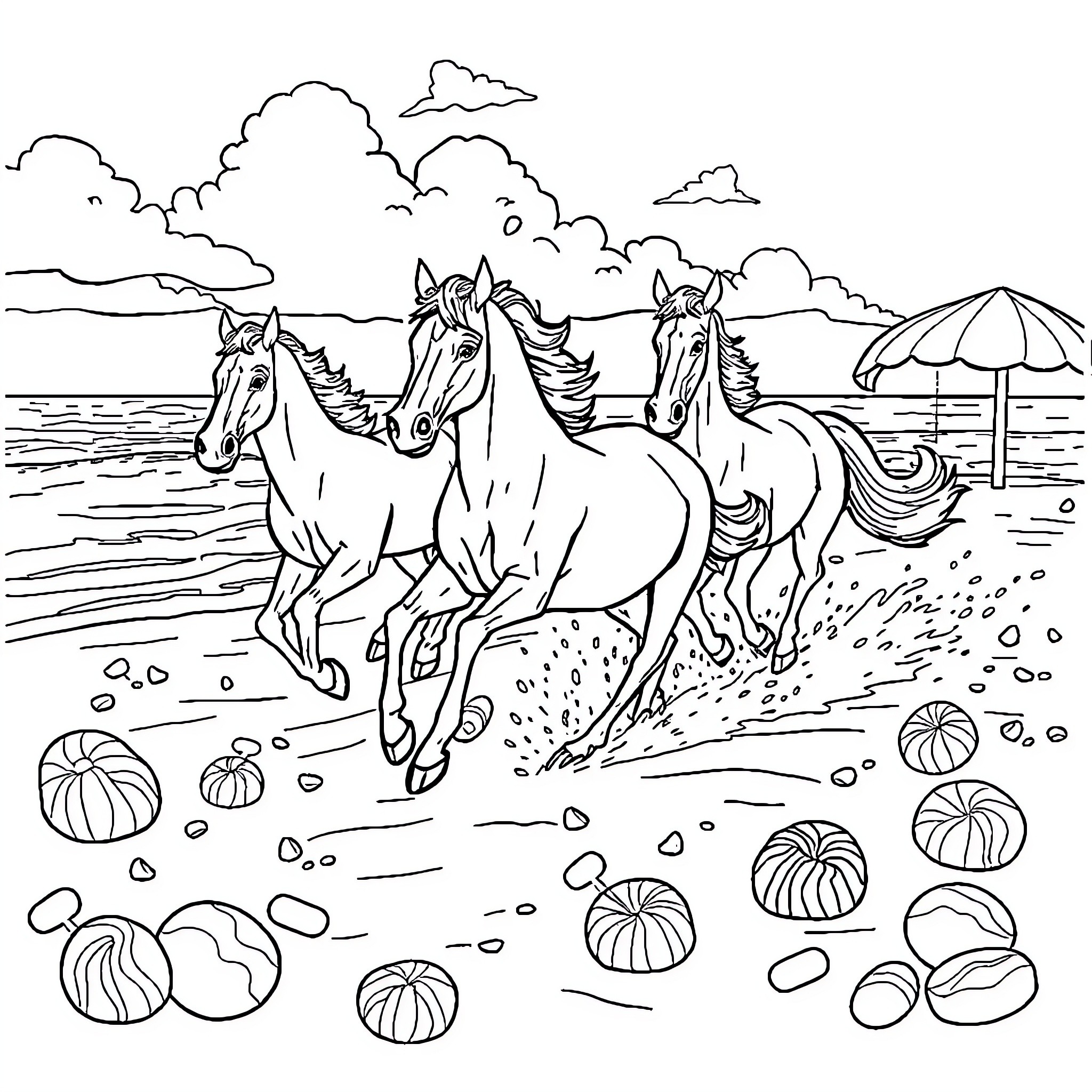 Horse Trio Running Freely on the Beach Coloring Page (free black-and-white line drawing printable PDF for all, from beginners to advanced learners, including children, teens, adults, and seniors)