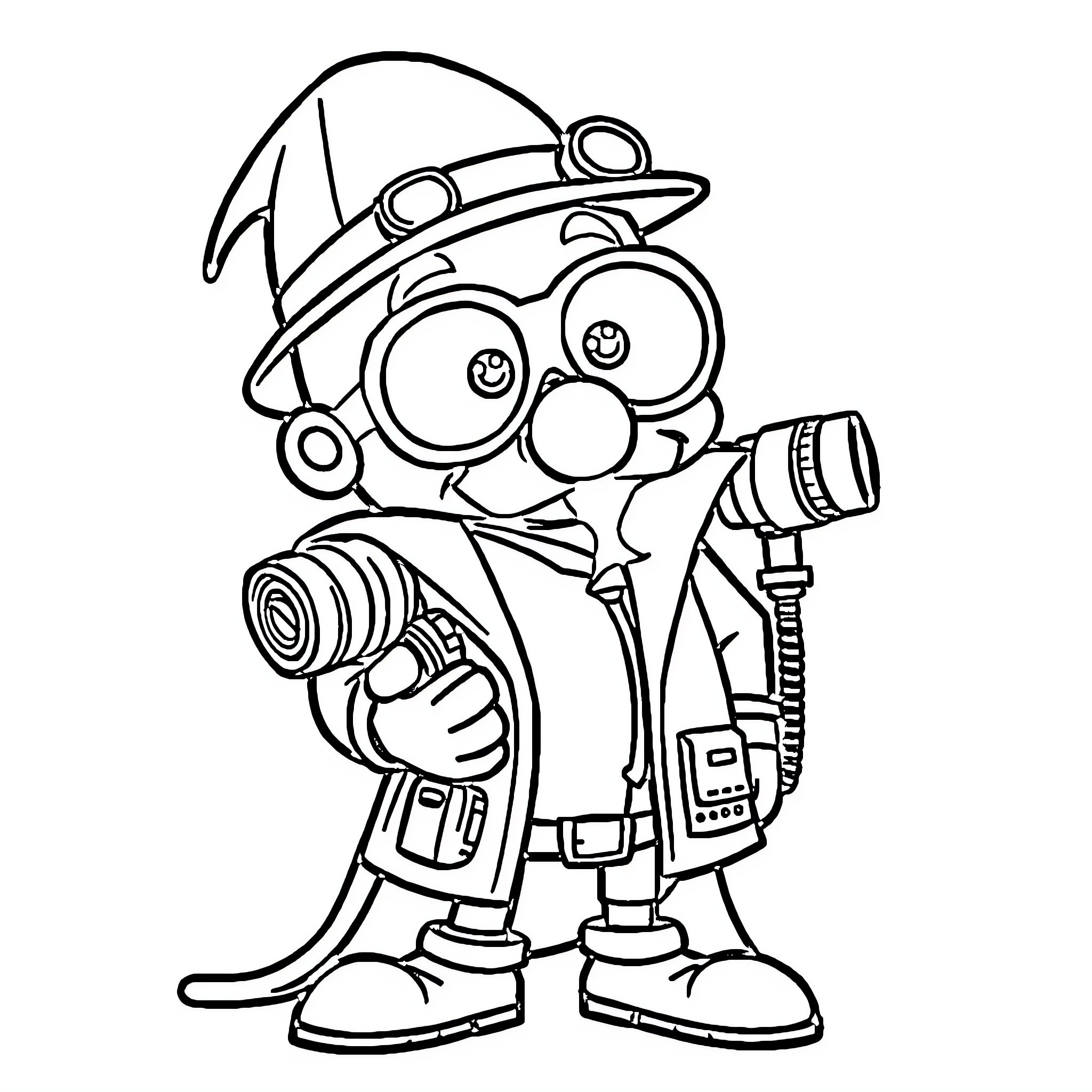 Inspector Gadget Exploring with Gadgets and Gizmos Coloring Page (free black-and-white line drawing printable PDF for all, from beginners to advanced learners, including children, teens, adults, and seniors)