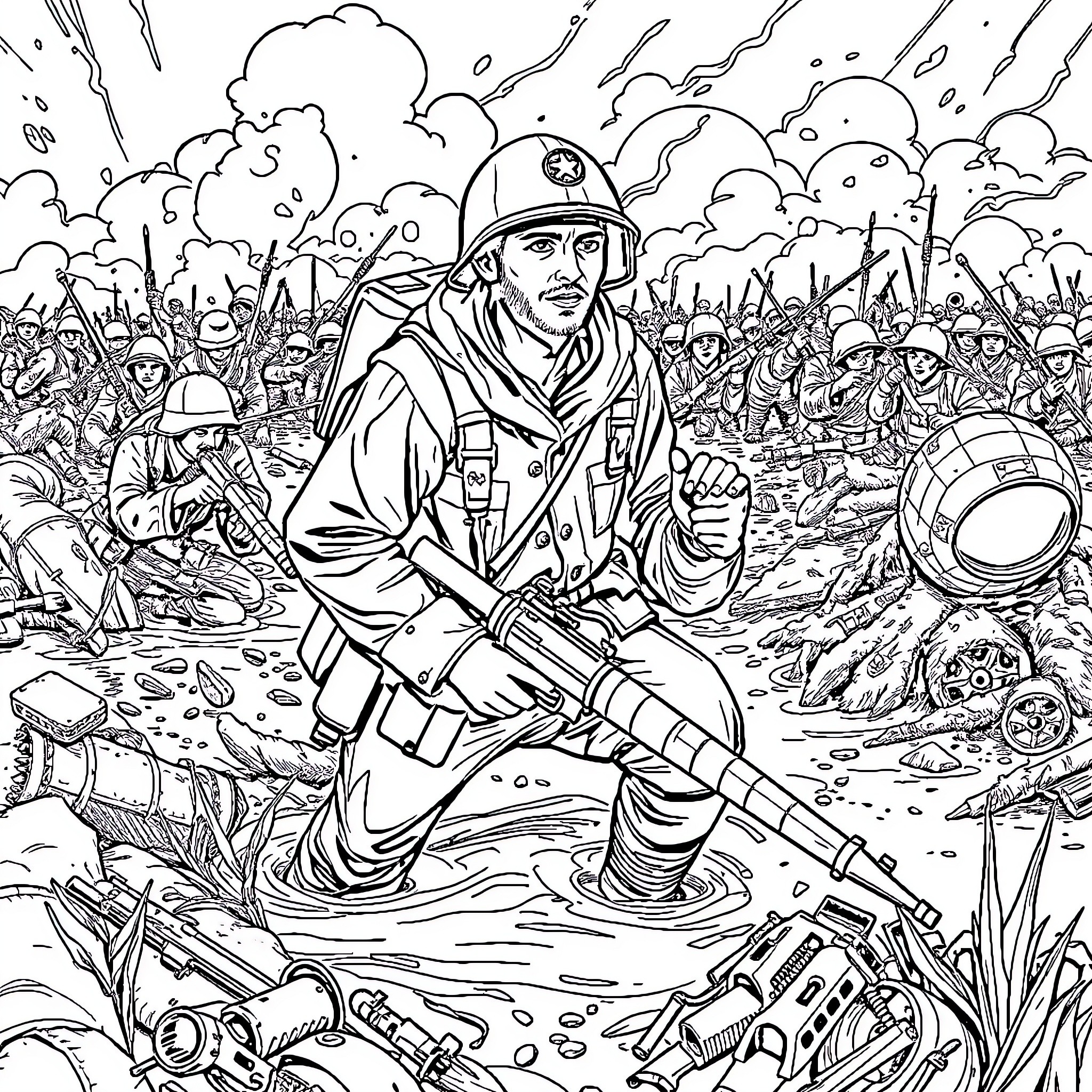 Soldier in the heat of battle, facing adversity Coloring Page (free black-and-white line drawing printable PDF for all, from beginners to advanced learners, including children, teens, adults, and seniors)