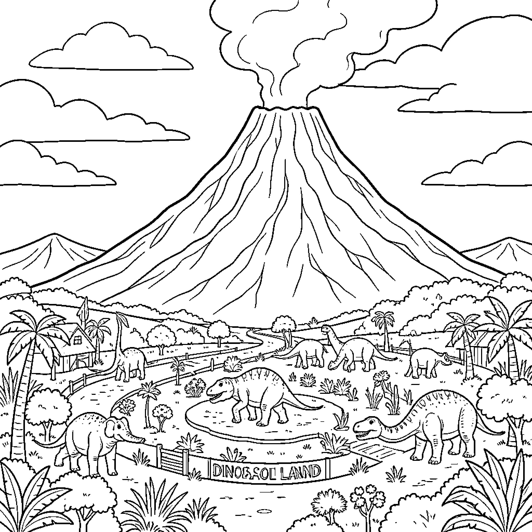 Dinosaur roaming through a prehistoric landscape with a volcano Coloring Page (free black-and-white line drawing printable PDF for all, from beginners to advanced learners, including children, teens, adults, and seniors)