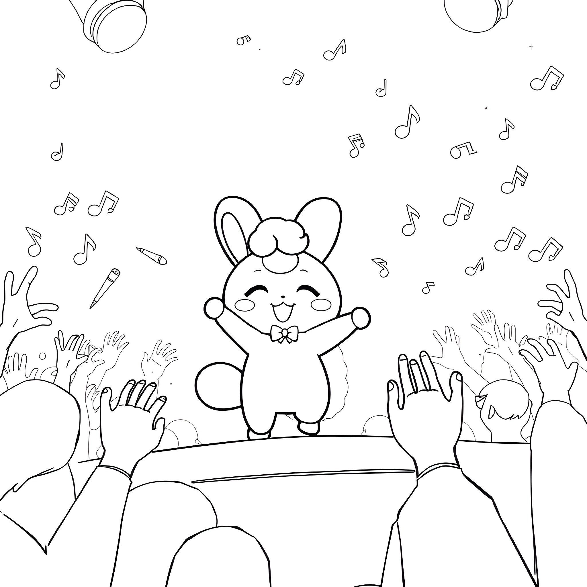 Cinnamoroll performing on stage with cheering hands Coloring Page (free black-and-white line drawing printable PDF for all, from beginners to advanced learners, including children, teens, adults, and seniors)