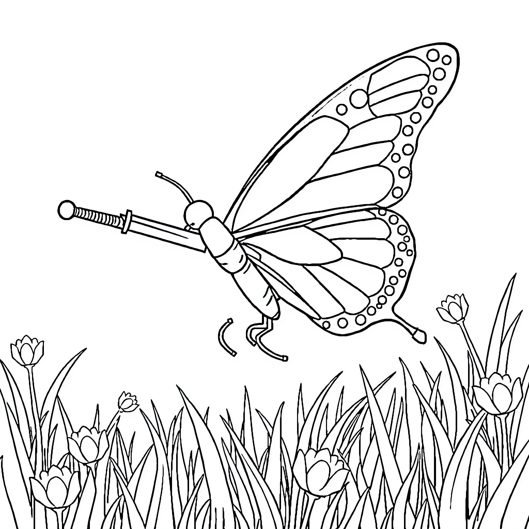 Butterfly flying over a field of flowers Coloring Page (free black-and-white line drawing printable PDF for all, from beginners to advanced learners, including children, teens, adults, and seniors)