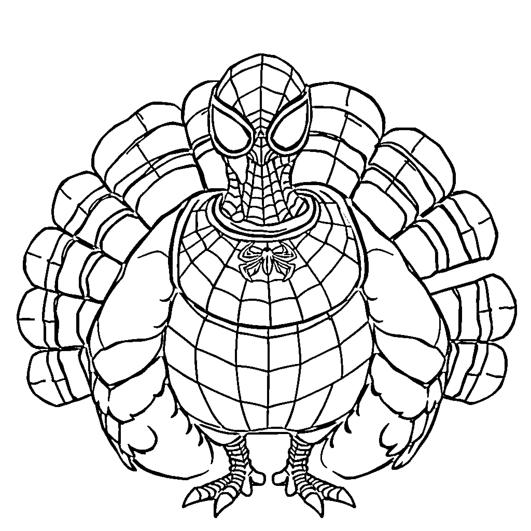 Turkey Spider-Man poses as Thanksgiving Turkey Coloring Page (free black-and-white line drawing printable PDF for all, from beginners to advanced learners, including children, teens, adults, and seniors)