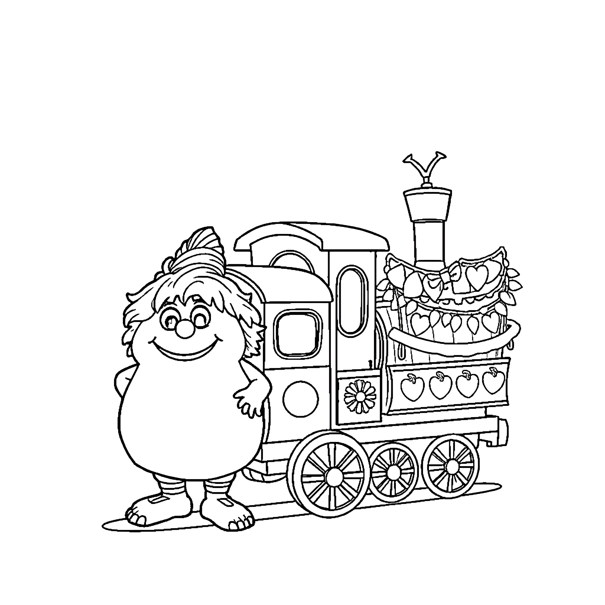 Oompa Loompa riding a colorful train Coloring Page (free black-and-white line drawing printable PDF for all, from beginners to advanced learners, including children, teens, adults, and seniors)