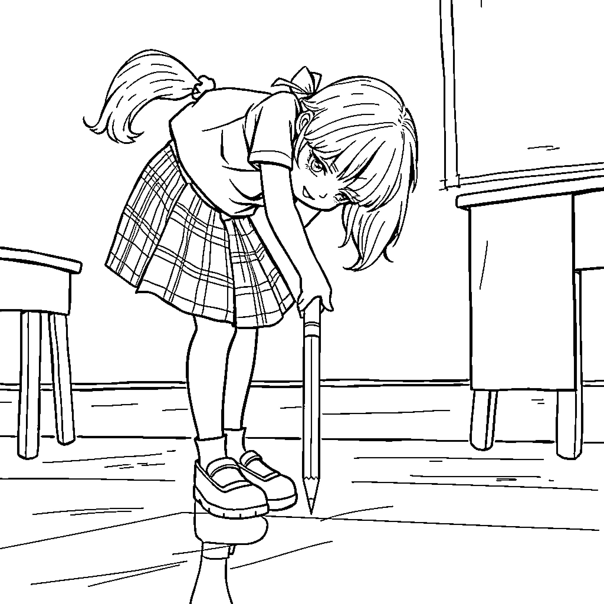 Schoolgirl struggling to maintain balance in the classroom Coloring Page (free black-and-white line drawing printable PDF for all, from beginners to advanced learners, including children, teens, adults, and seniors)