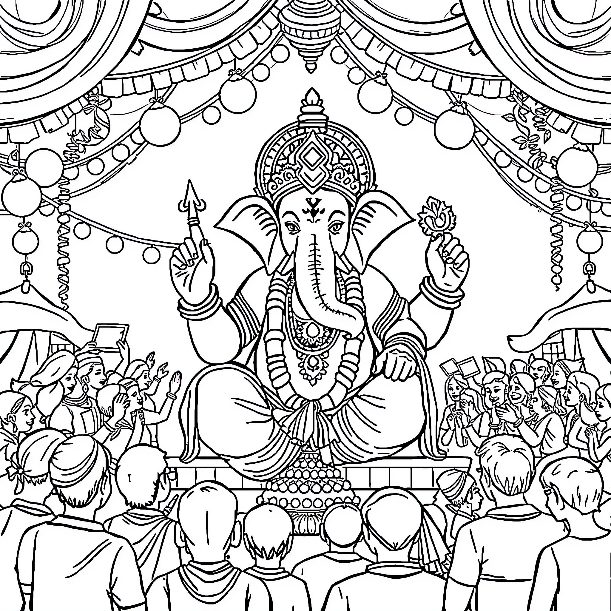 Ganesh blessing devotees in a festive celebration Coloring Page (free black-and-white line drawing printable PDF for all, from beginners to advanced learners, including children, teens, adults, and seniors)