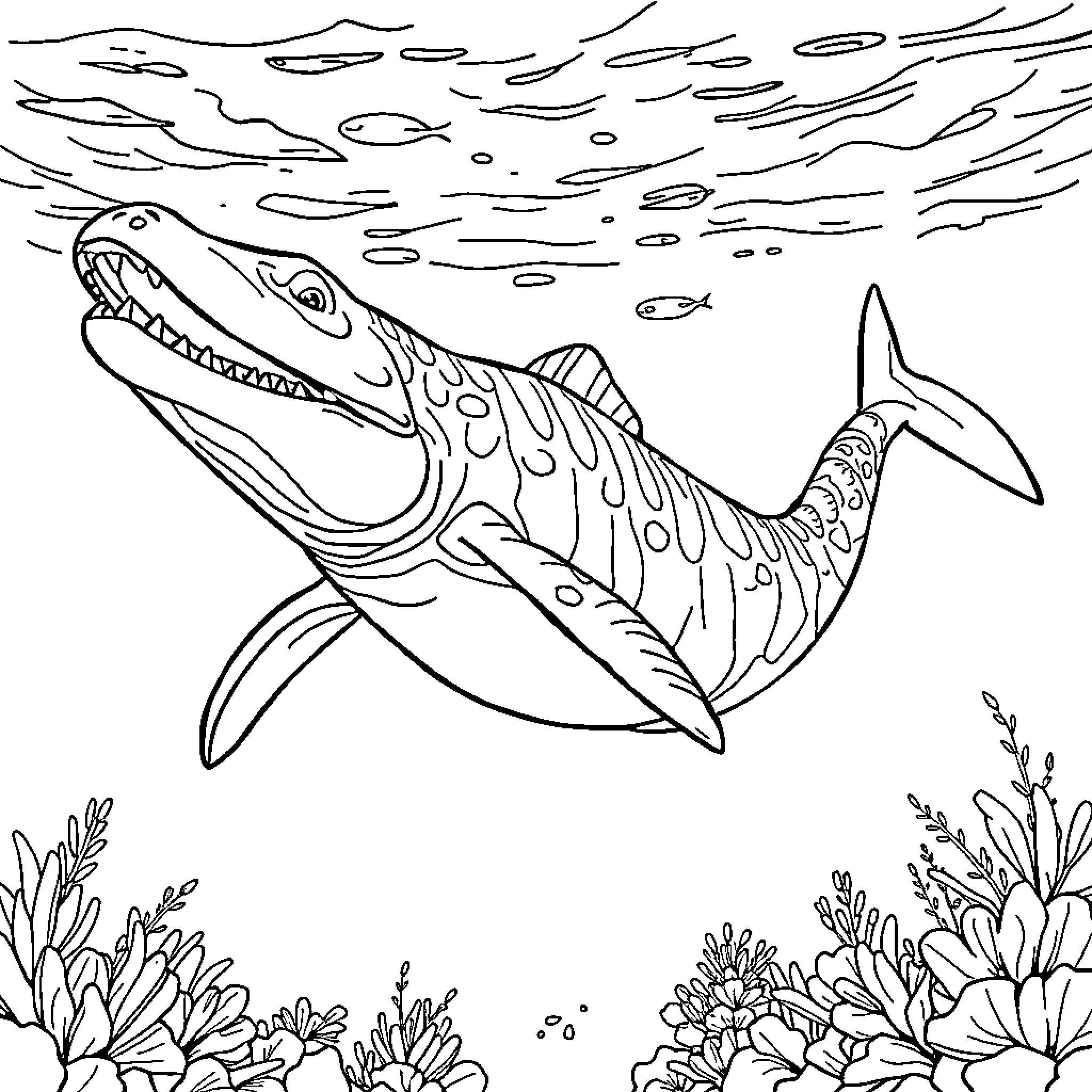Pliosaurus hunting for prey in the underwater ocean Coloring Page (free black-and-white line drawing printable PDF for all, from beginners to advanced learners, including children, teens, adults, and seniors)