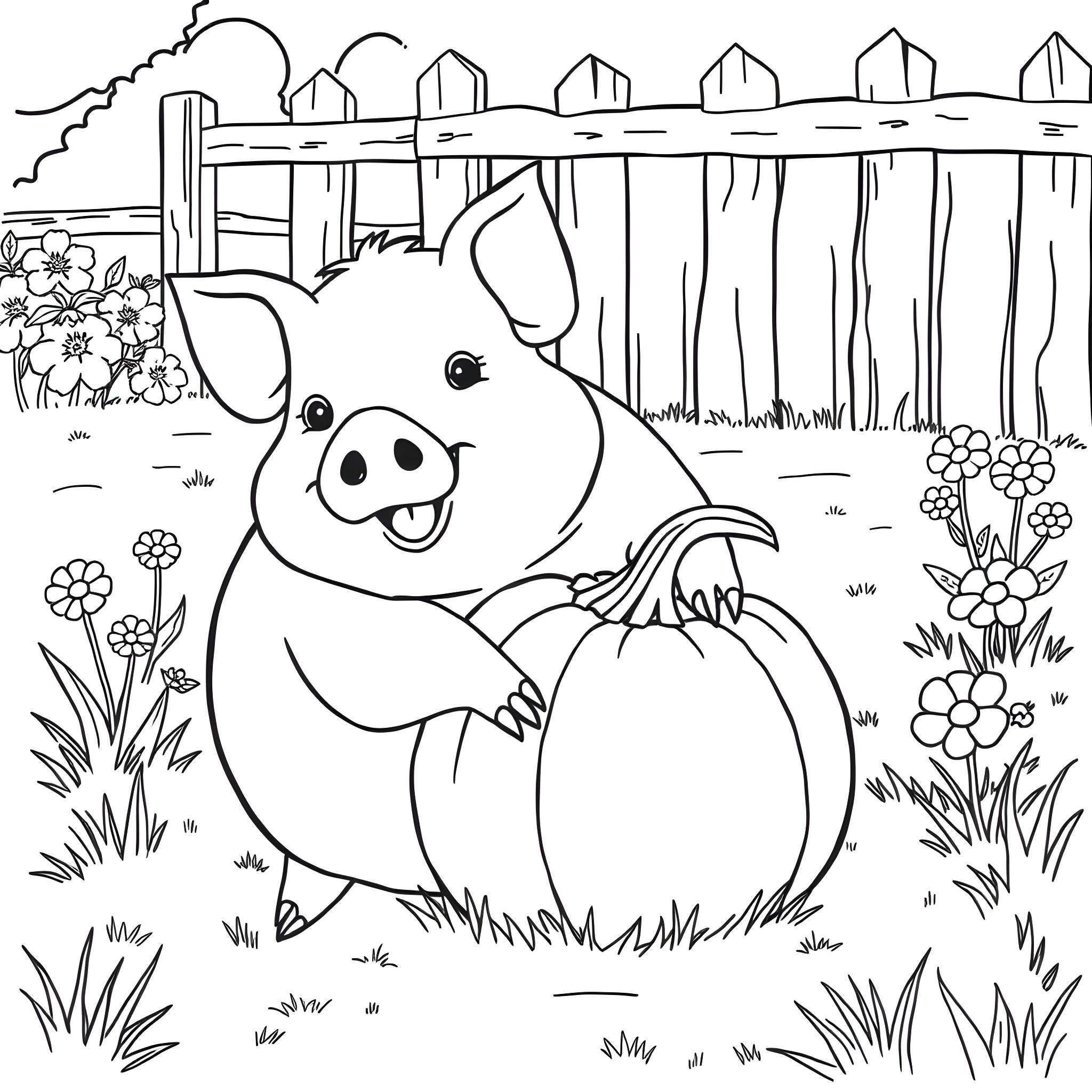 KuneKune Pig playing happily in the farm Coloring Page (free black-and-white line drawing printable PDF for all, from beginners to advanced learners, including children, teens, adults, and seniors)