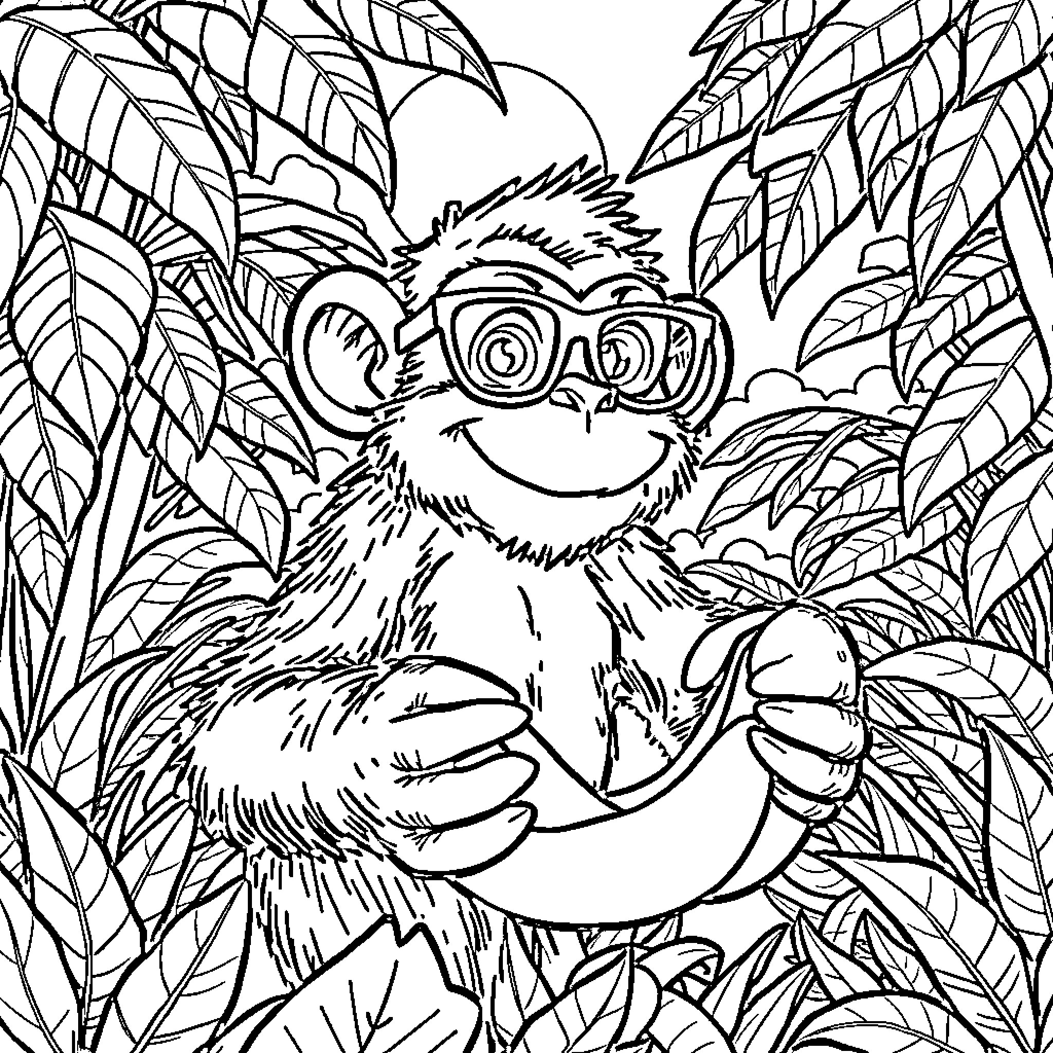 Code Monkey exploring tropical jungle foliage Coloring Page (free black-and-white line drawing printable PDF for all, from beginners to advanced learners, including children, teens, adults, and seniors)