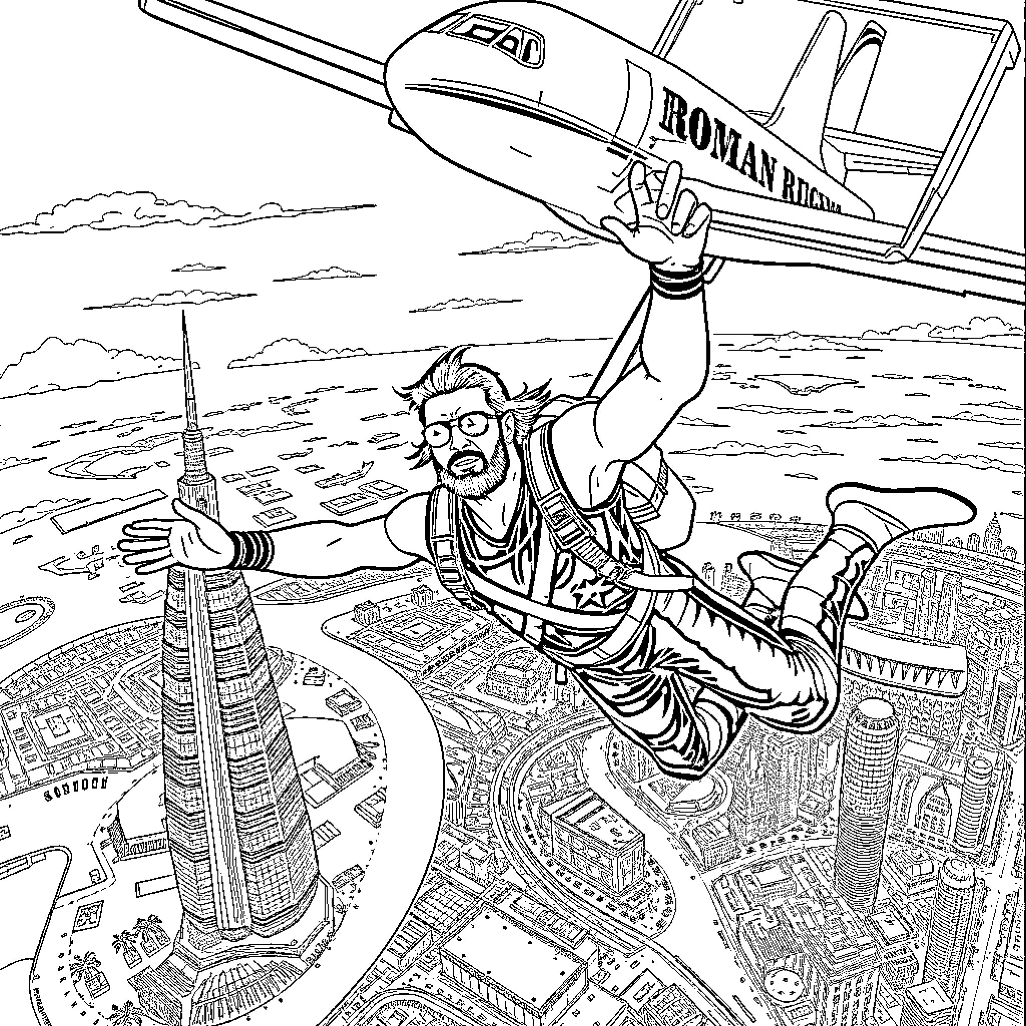 Roman Reigns soaring over the city in heroic action Coloring Page (free black-and-white line drawing printable PDF for all, from beginners to advanced learners, including children, teens, adults, and seniors)