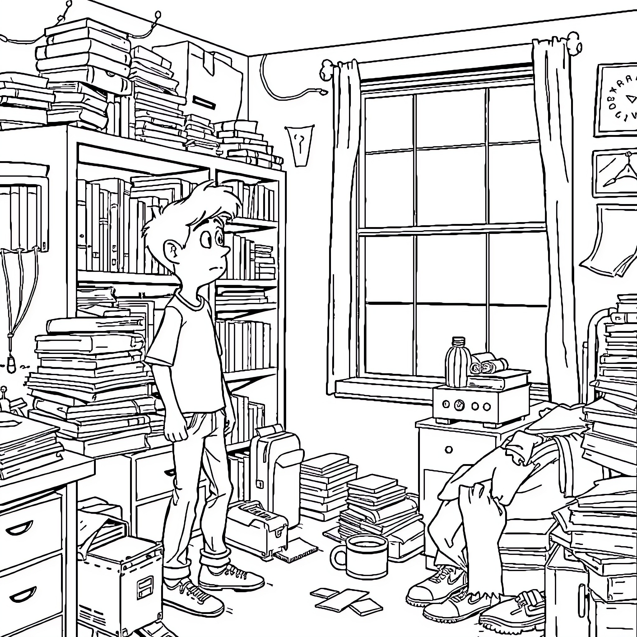 Nerd Surrounded by Clutter in Chaotic Study Coloring Page (free black-and-white line drawing printable PDF for all, from beginners to advanced learners, including children, teens, adults, and seniors)