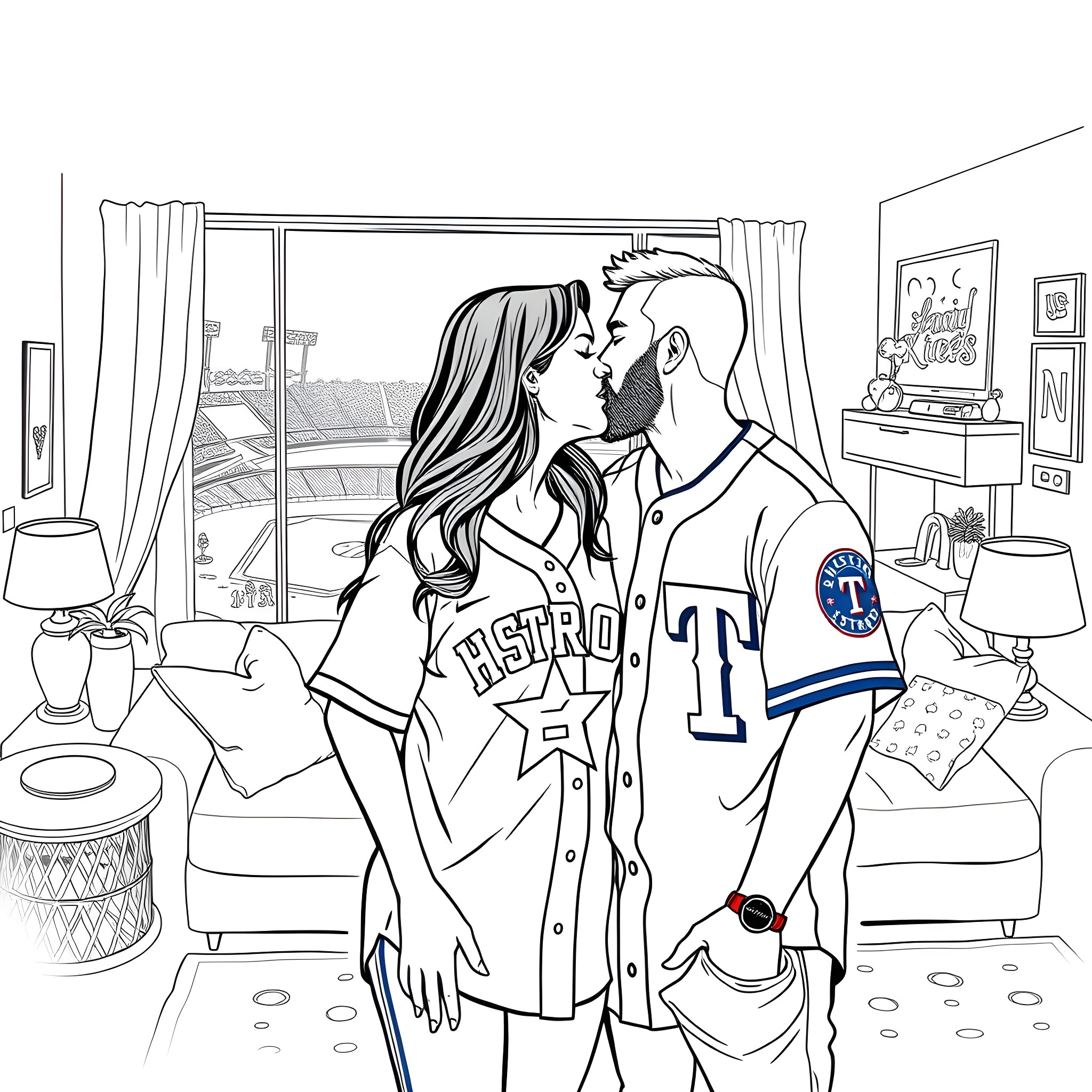 Couple embracing in a cozy home setting Coloring Page (free black-and-white line drawing printable PDF for all, from beginners to advanced learners, including children, teens, adults, and seniors)