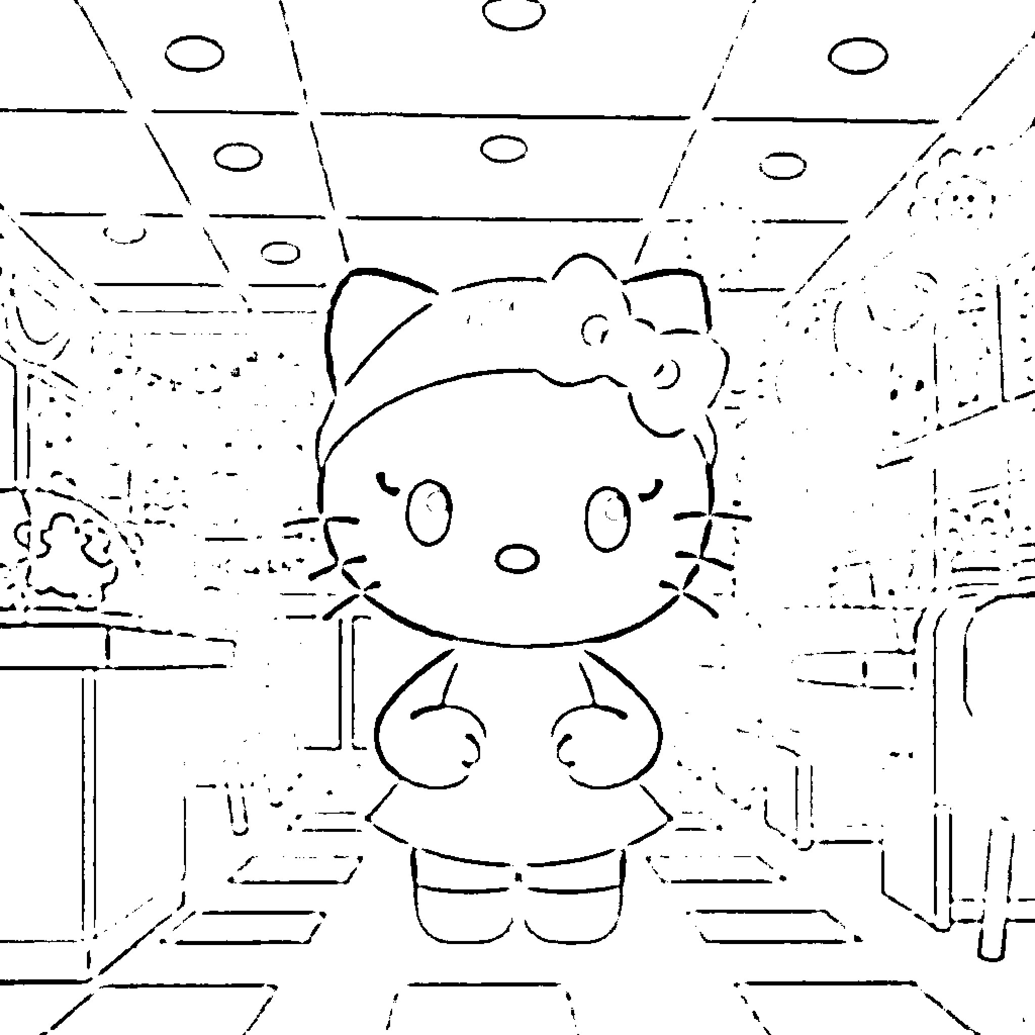 Hello Kitty in a Futuristic Setting Coloring Page (free black-and-white line drawing printable PDF for all, from beginners to advanced learners, including children, teens, adults, and seniors)