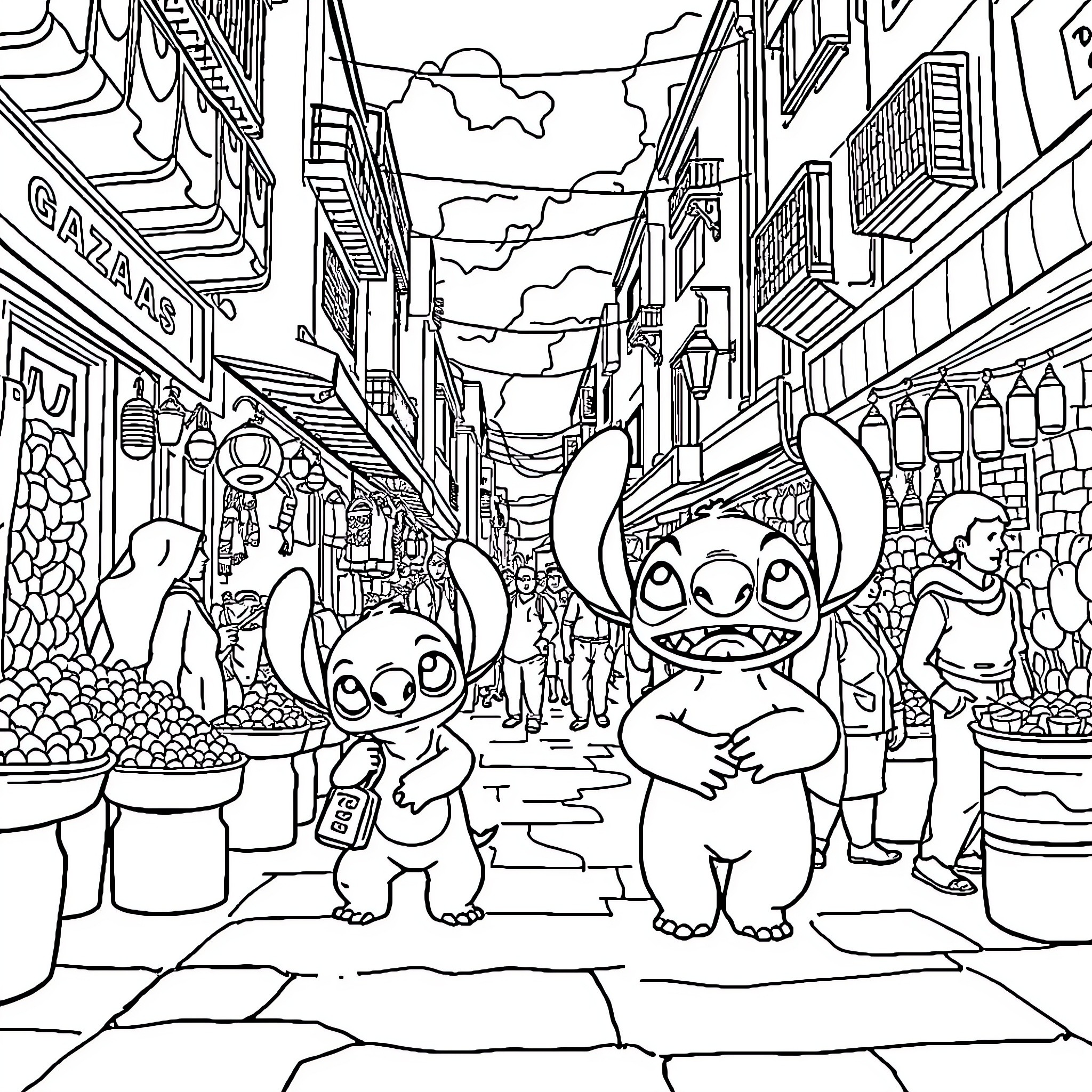 Lilo And Stitch Exploring a Bustling Market Street Coloring Page (free black-and-white line drawing printable PDF for all, from beginners to advanced learners, including children, teens, adults, and seniors)