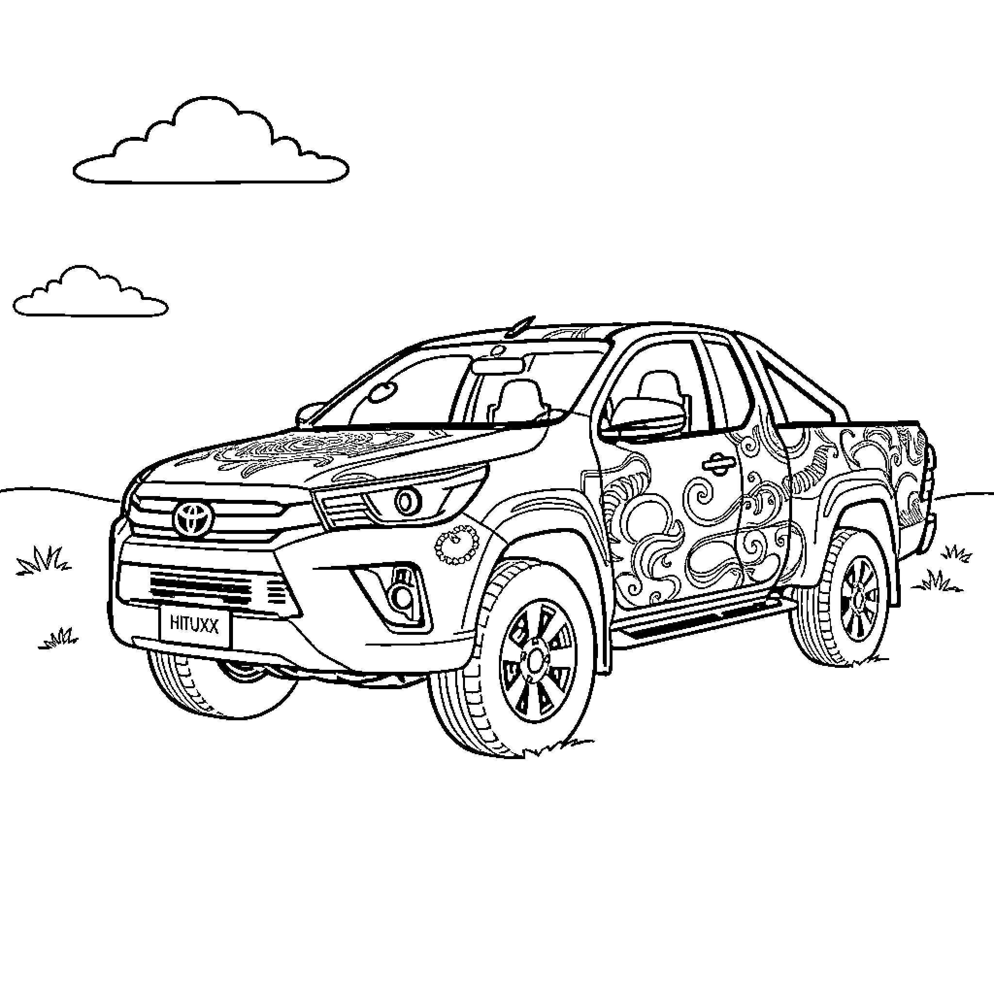 Hilux Pickup Truck with Decorative Patterns Coloring Page (free black-and-white line drawing printable PDF for all, from beginners to advanced learners, including children, teens, adults, and seniors)
