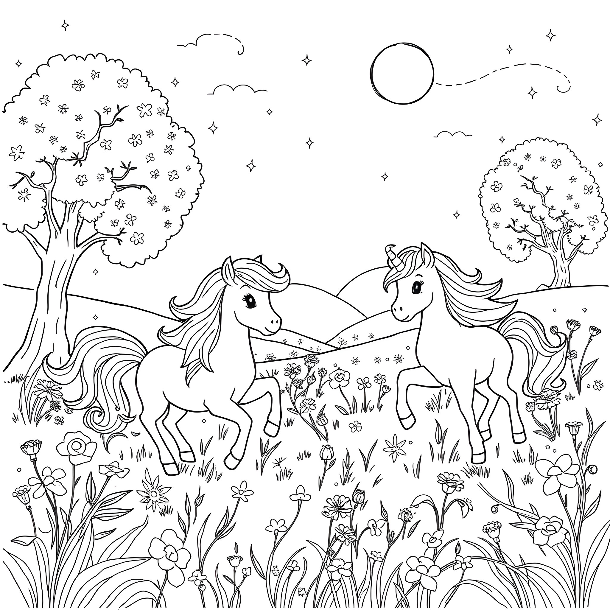 Pony Friends Enjoying Spring Meadow Coloring Page (free black-and-white line drawing printable PDF for all, from beginners to advanced learners, including children, teens, adults, and seniors)
