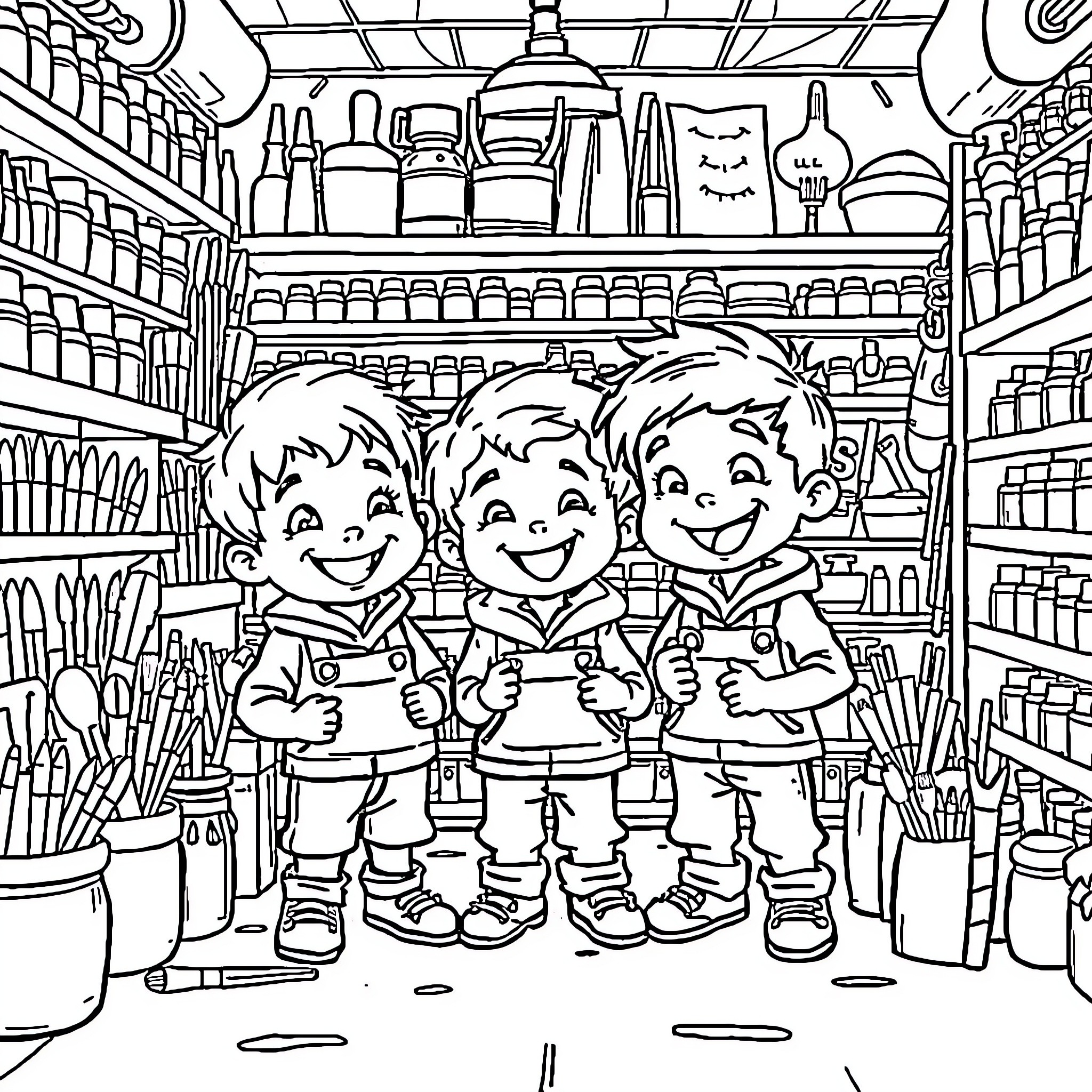 Child shoppers exploring store aisles with excitement Coloring Page (free black-and-white line drawing printable PDF for all, from beginners to advanced learners, including children, teens, adults, and seniors)